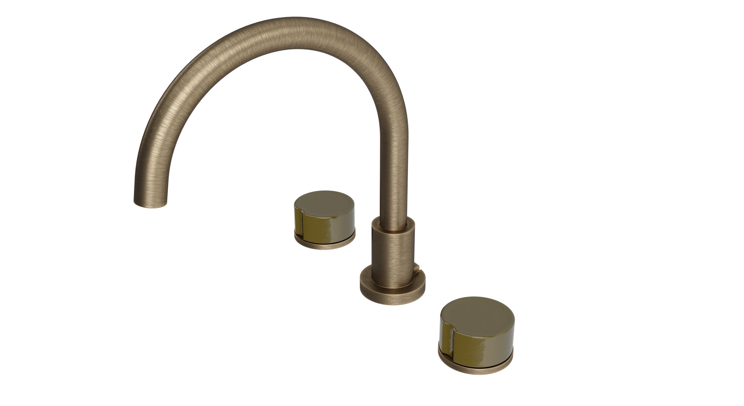 Foundry Two Handle Deck Mount Gooseneck Bath Trim with Groove Ceramic Knob Handles in Antique Brass