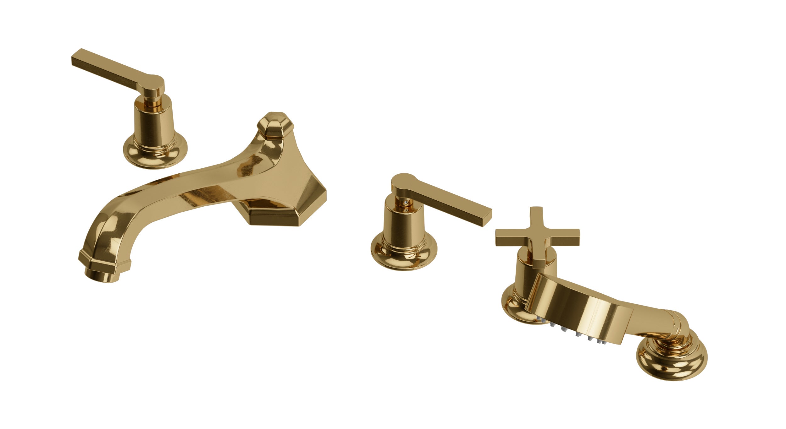 Emerson Three Handle Deck Mount Low Hexagon Bath Trim with Hand Shower and Classic Cross/Classic Lever Handles in Uncoated Polished Brass