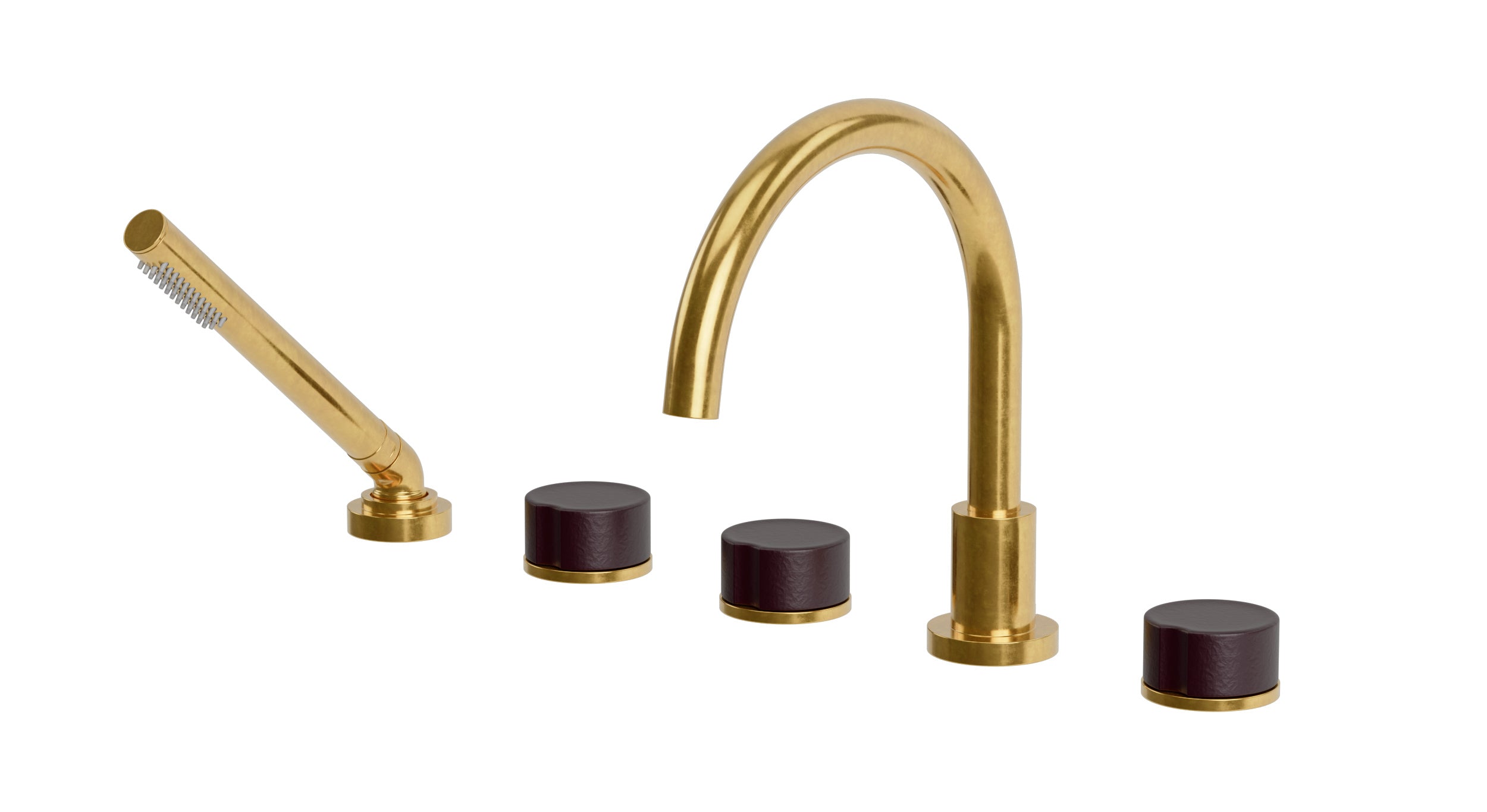 Foundry Three Handle Deck Mount Gooseneck Bath Trim with Hand Shower and Groove Ceramic Knob Handles in French Brass