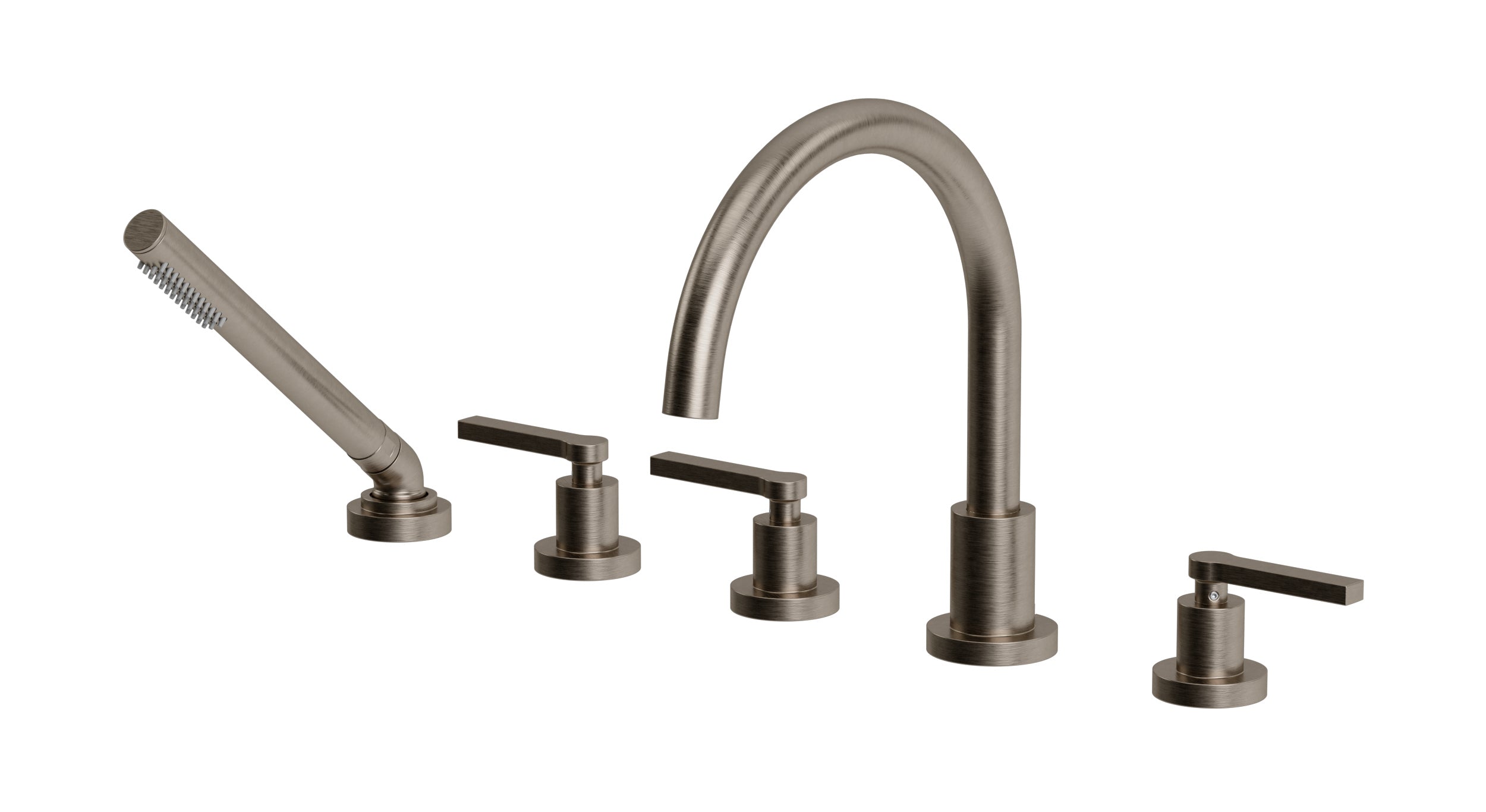 Flatiron Three Handle Deck Mount Gooseneck Bath Trim with Hand Shower and Linear Lever Handles in Antique Nickel