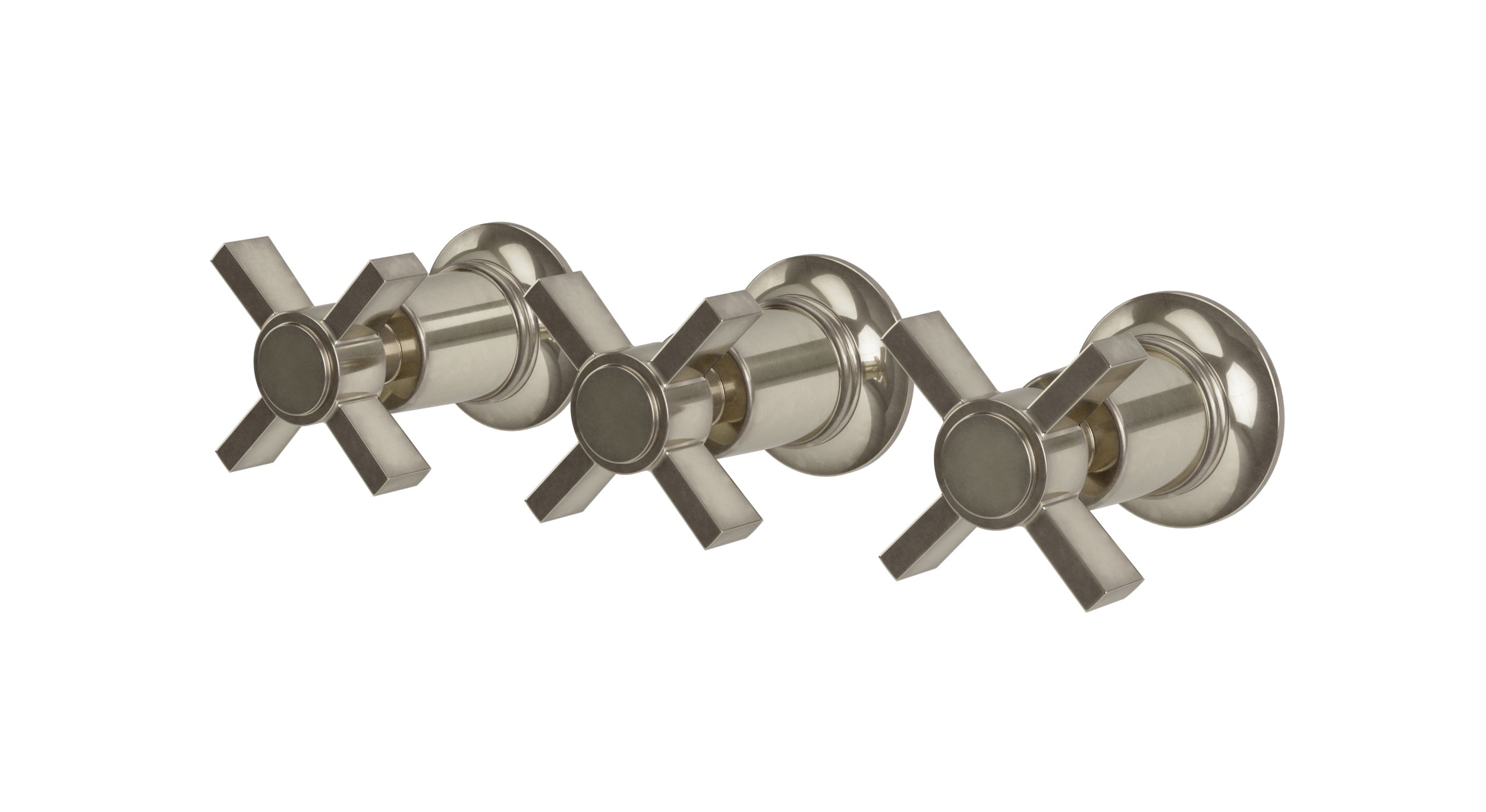 Emerson Three Handle Wall Mount Bath Trim with Diverter/Volume Control and Defined Cross Handles in French Nickel