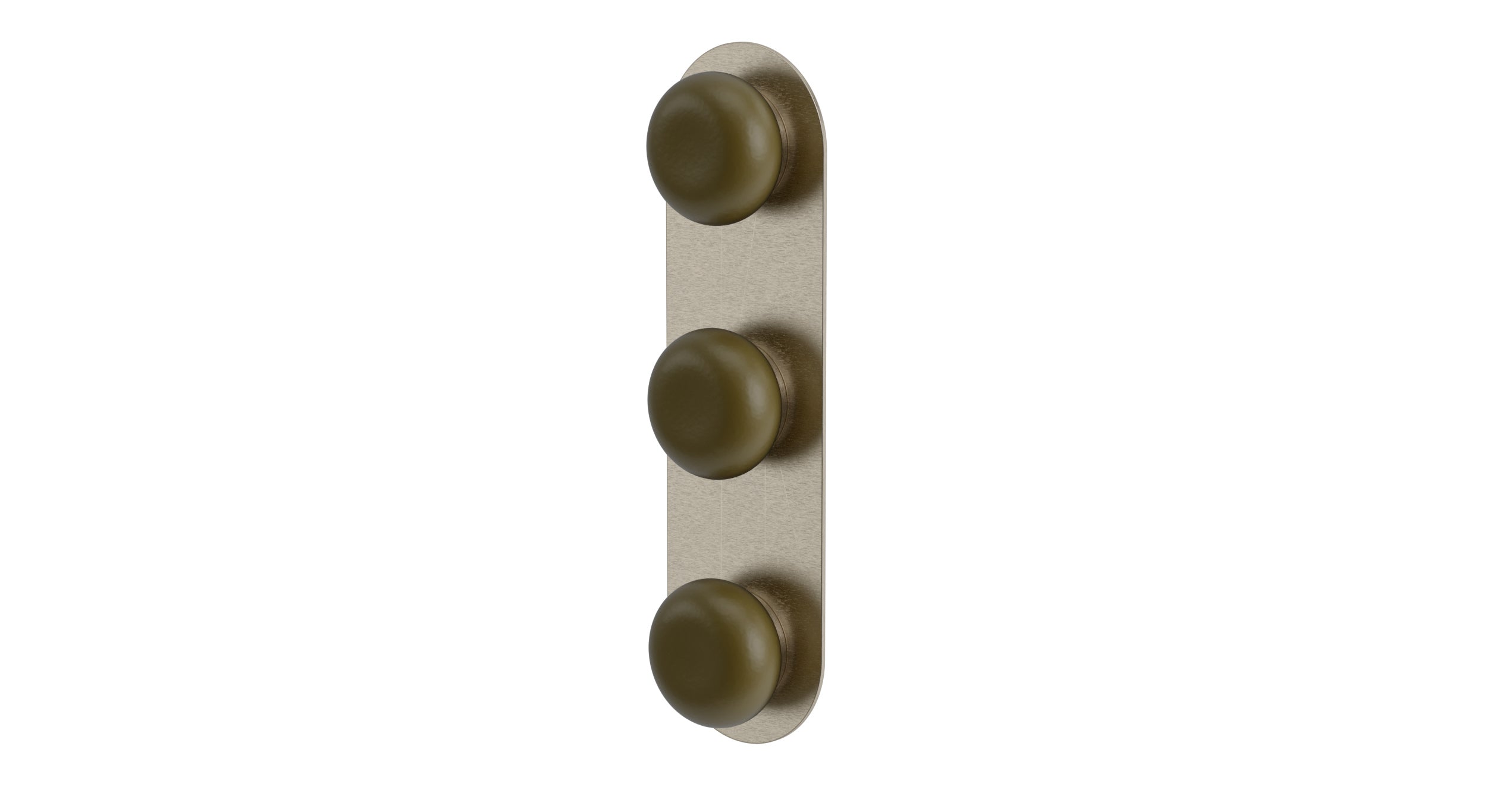 Foundry Three Handle Wall Mount Shower Trim with Pebble Ceramic Knob Handles in Satin Nickel