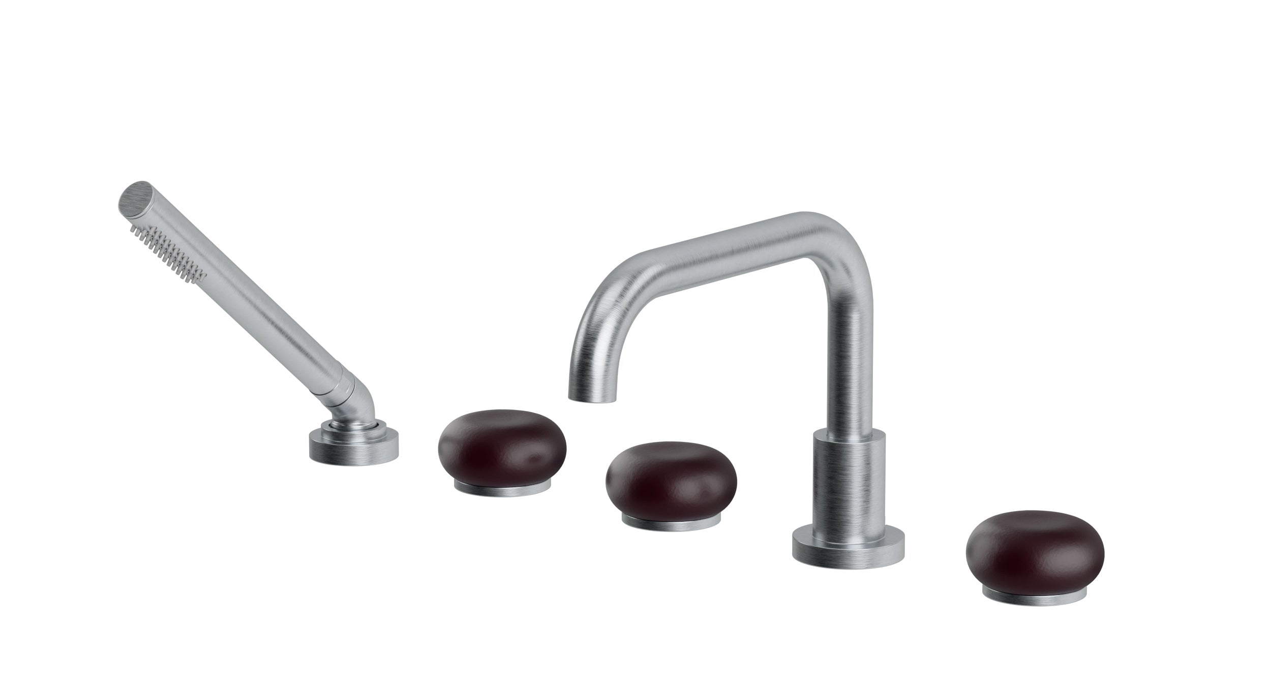 Foundry Three Handle Deck Mount Squaretop Bath Trim with Hand Shower and Pebble Ceramic Knob Handles in Satin Chrome