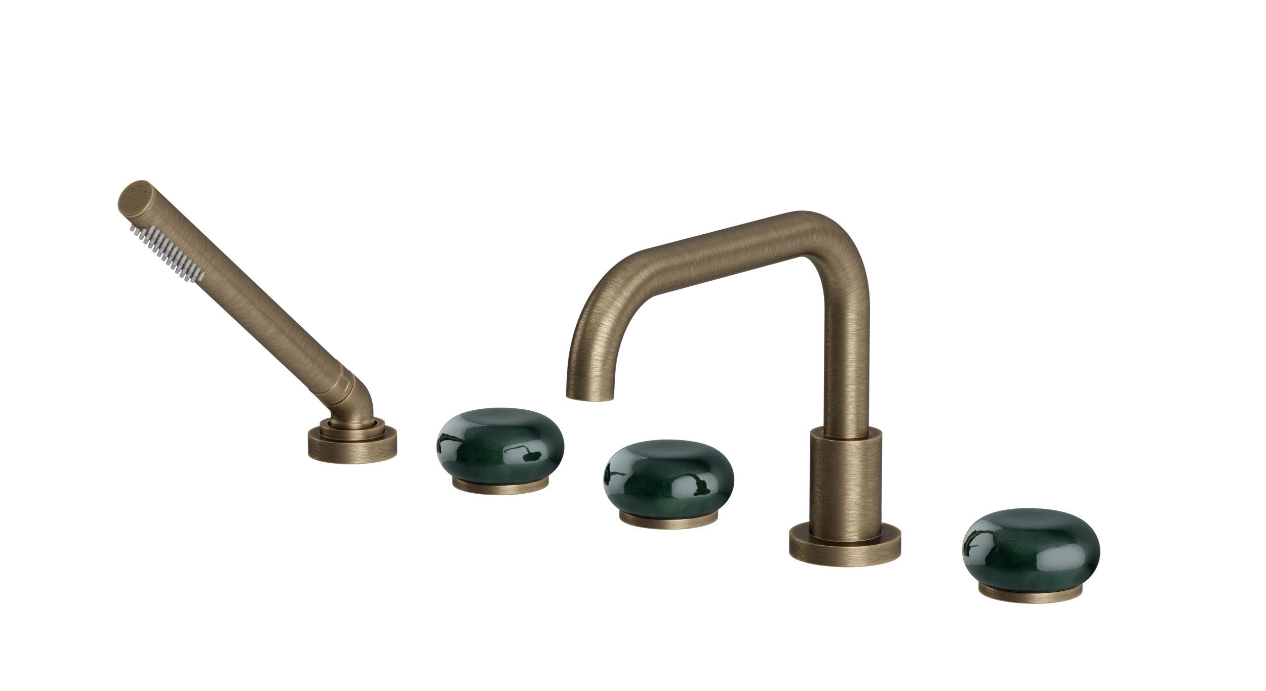 Foundry Three Handle Deck Mount Squaretop Bath Trim with Hand Shower and Pebble Ceramic Knob Handles in Antique Brass