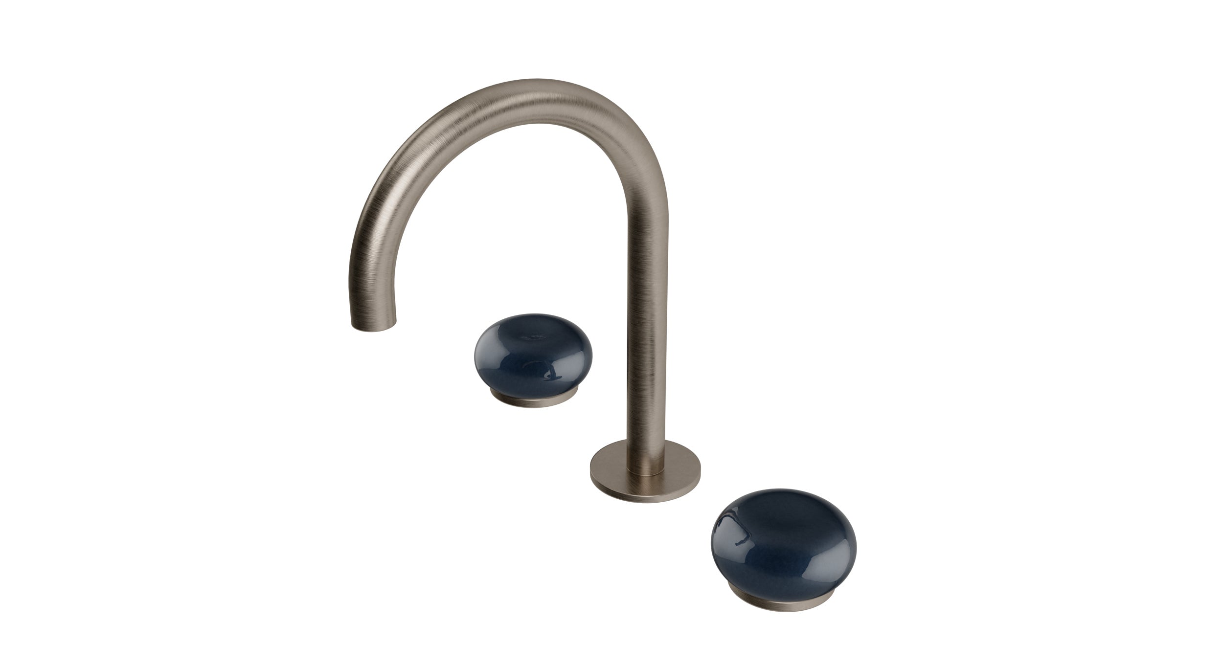 Foundry Two Handle Deck Mount Gooseneck Lavatory Faucet with Pebble Ceramic Knob Handles in Antique Nickel
