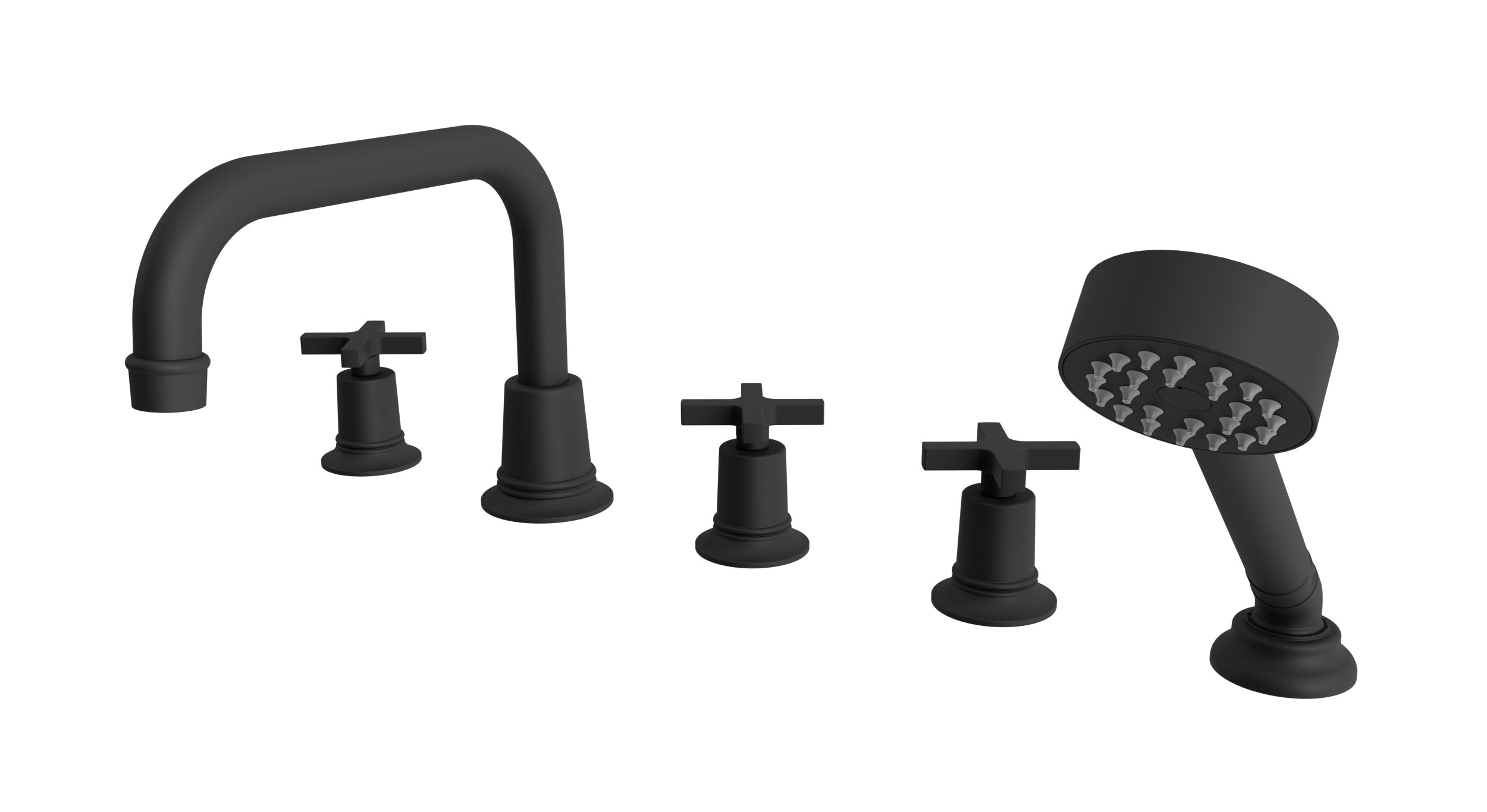 Emerson Three Handle Deck Mount Squaretop Bath Trim with Hand Shower and Classic Cross Handles in Matte Black