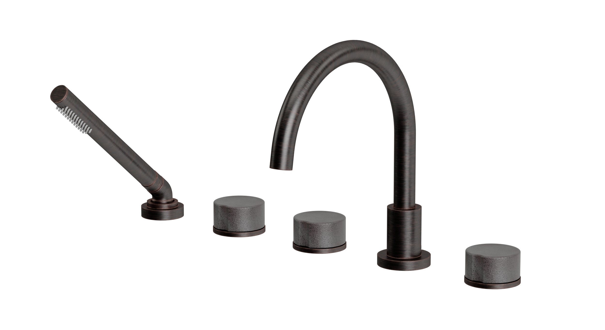 Foundry Three Handle Deck Mount Gooseneck Bath Trim with Hand Shower and Groove Ceramic Knob Handles in Antique Bronze