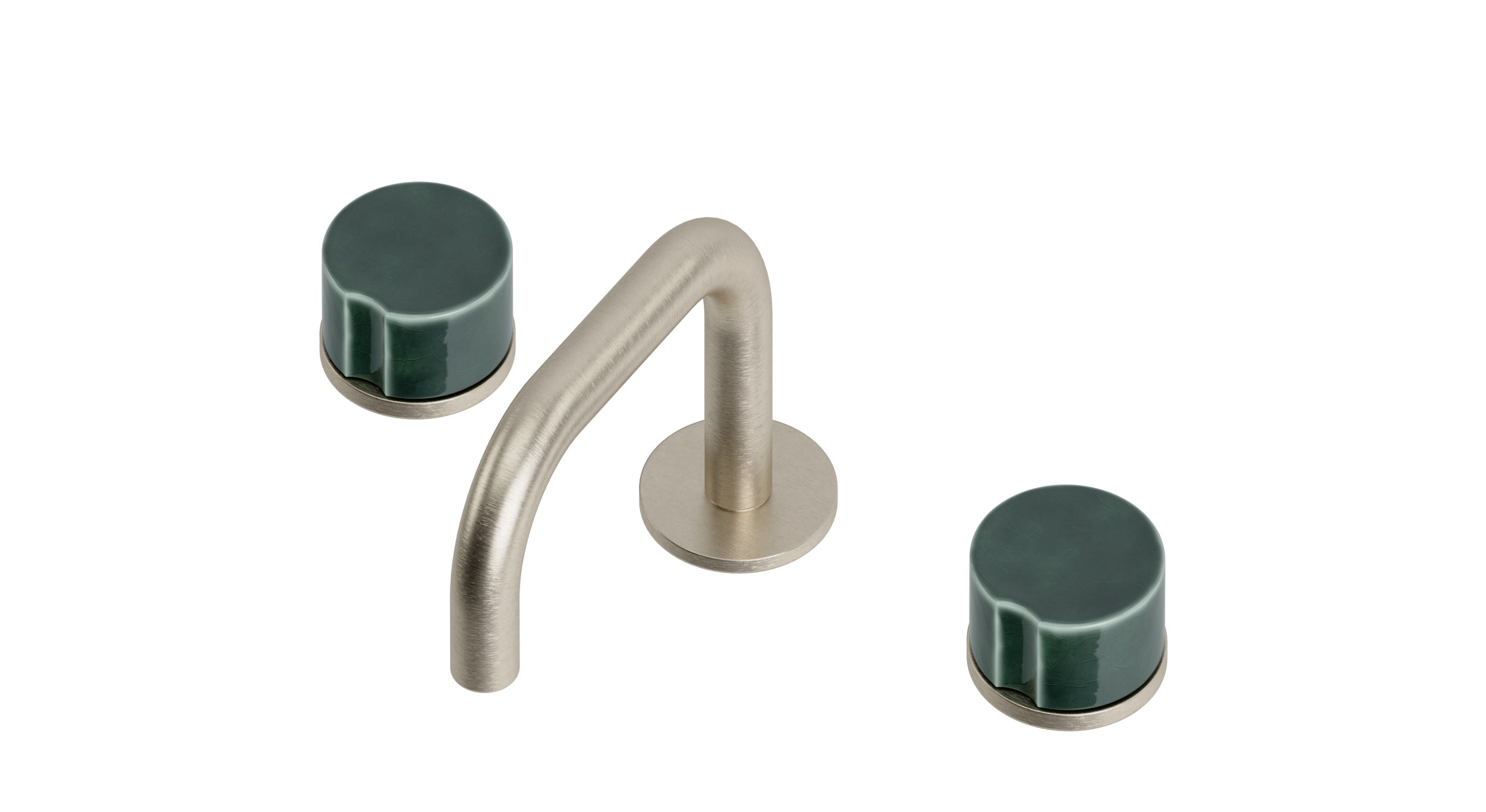 Foundry Two Handle Deck Mount Squaretop Lavatory Faucet with Groove Ceramic Knob Handles in Satin Nickel