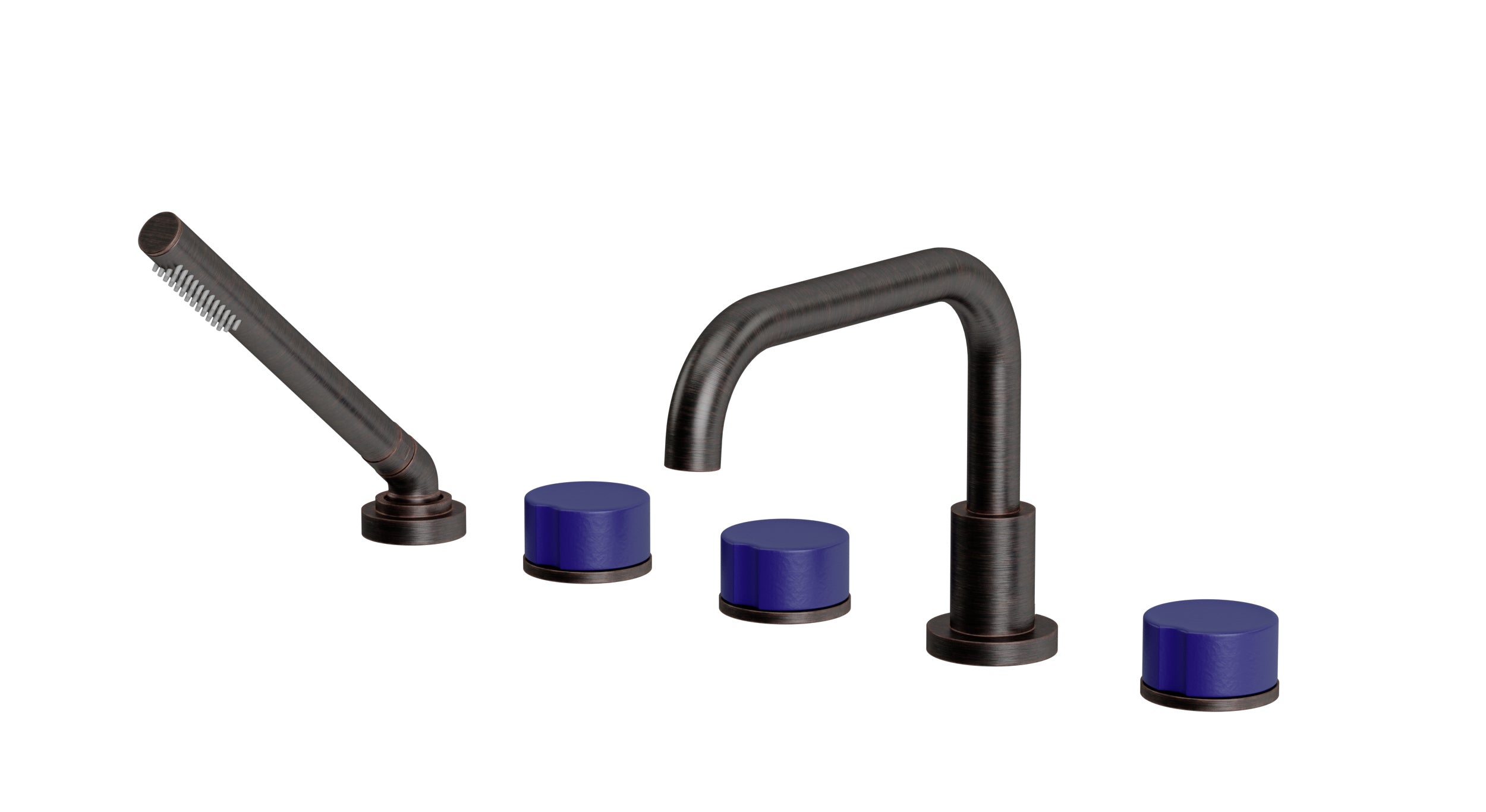 Foundry Three Handle Deck Mount Squaretop Bath Trim with Hand Shower and Groove Ceramic Knob Handles in Antique Bronze