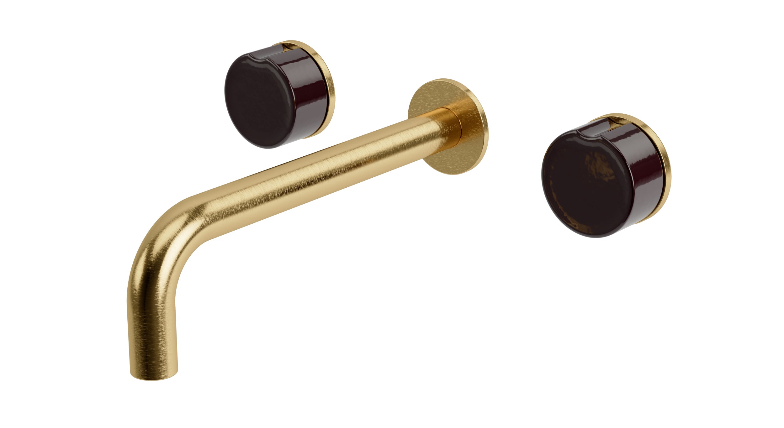 Foundry Two Handle Wall Mount 7.5" Lavatory Faucet with Groove Ceramic Knob Handles in Satin Brass