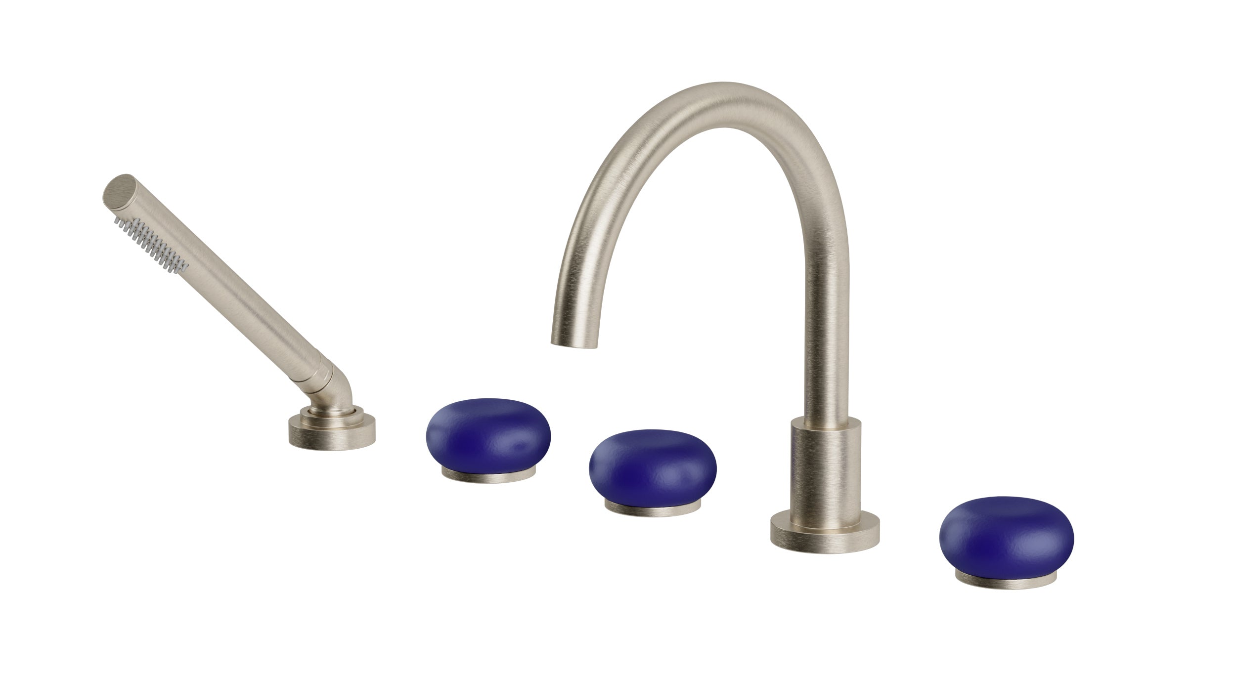 Foundry Three Handle Deck Mount Gooseneck Bath Trim with Hand Shower and Pebble Ceramic Knob Handles in Satin Nickel