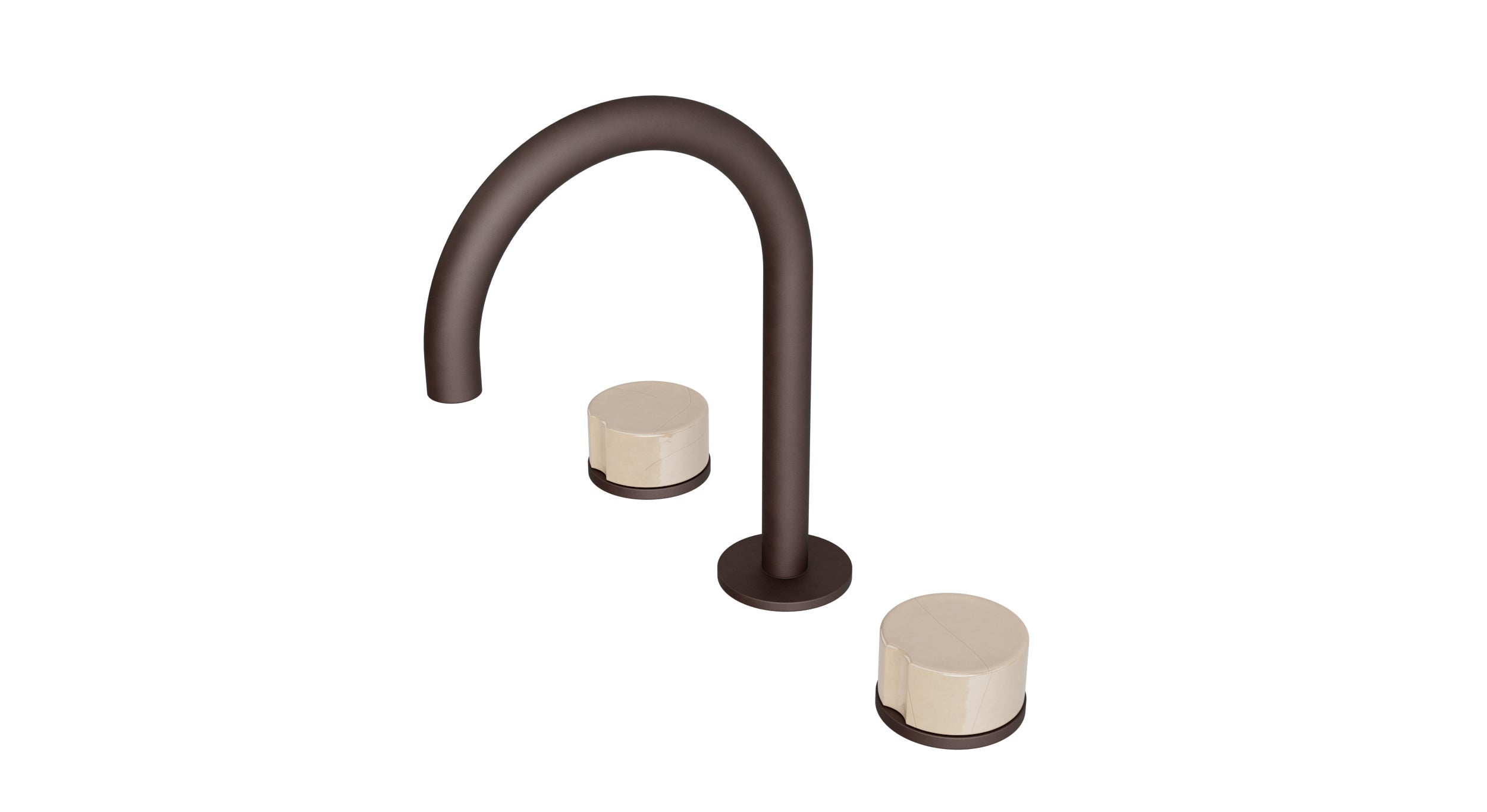 Foundry Two Handle Deck Mount Gooseneck Lavatory Faucet with Groove Ceramic Knob Handles in Architectural Copper