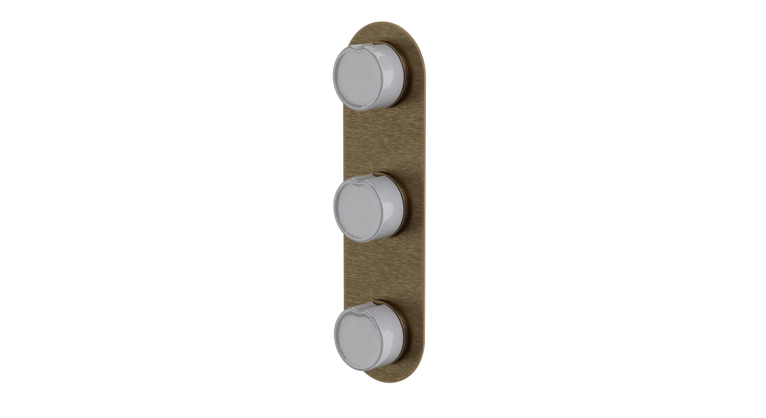 Foundry Three Handle Wall Mount Shower Trim with Groove Ceramic Knob Handles in Antique Brass