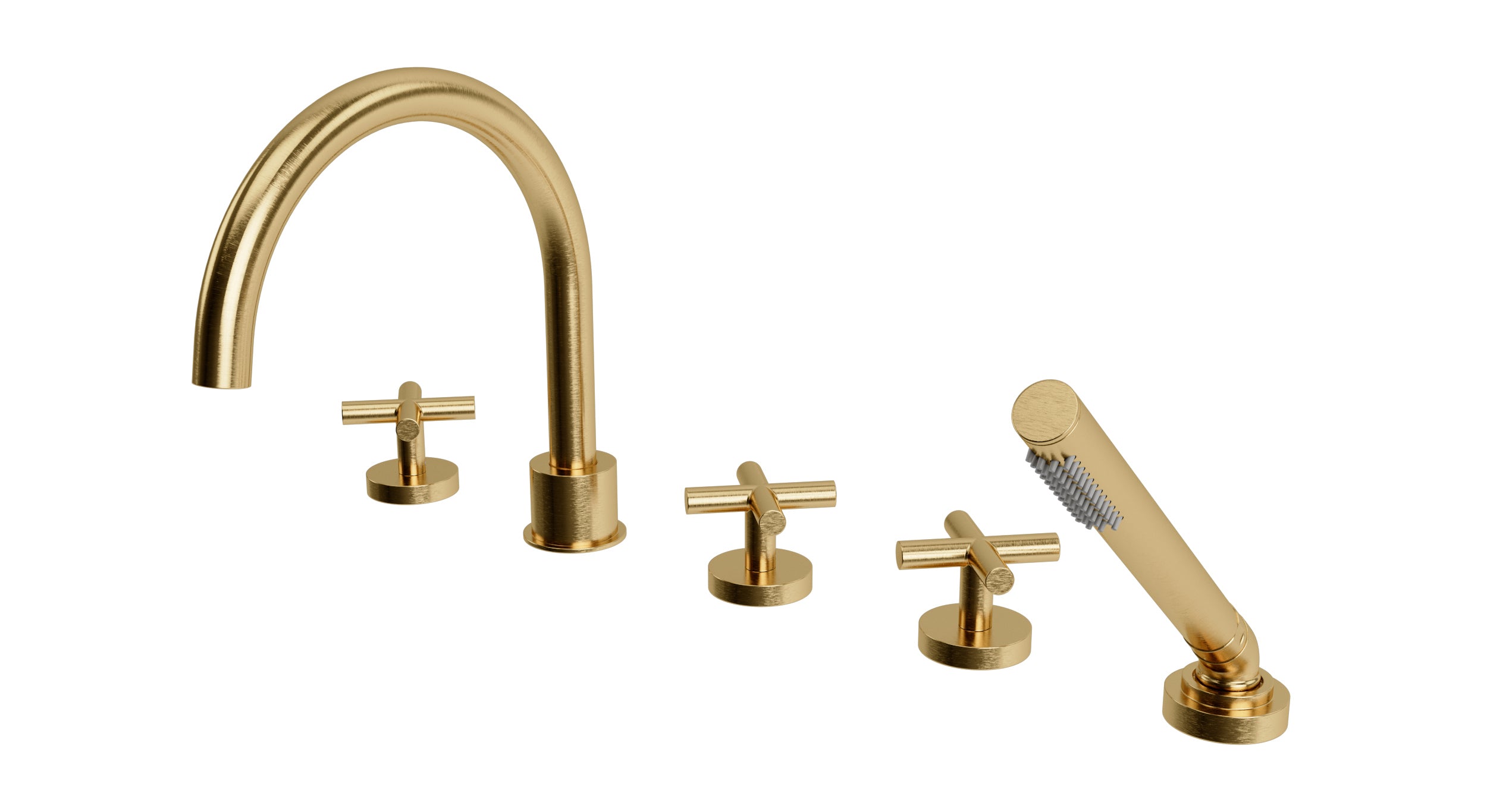 Contour Three Handle Deck Mount Gooseneck Bath Trim with Hand Shower and Soft Cross Handles in Satin Brass