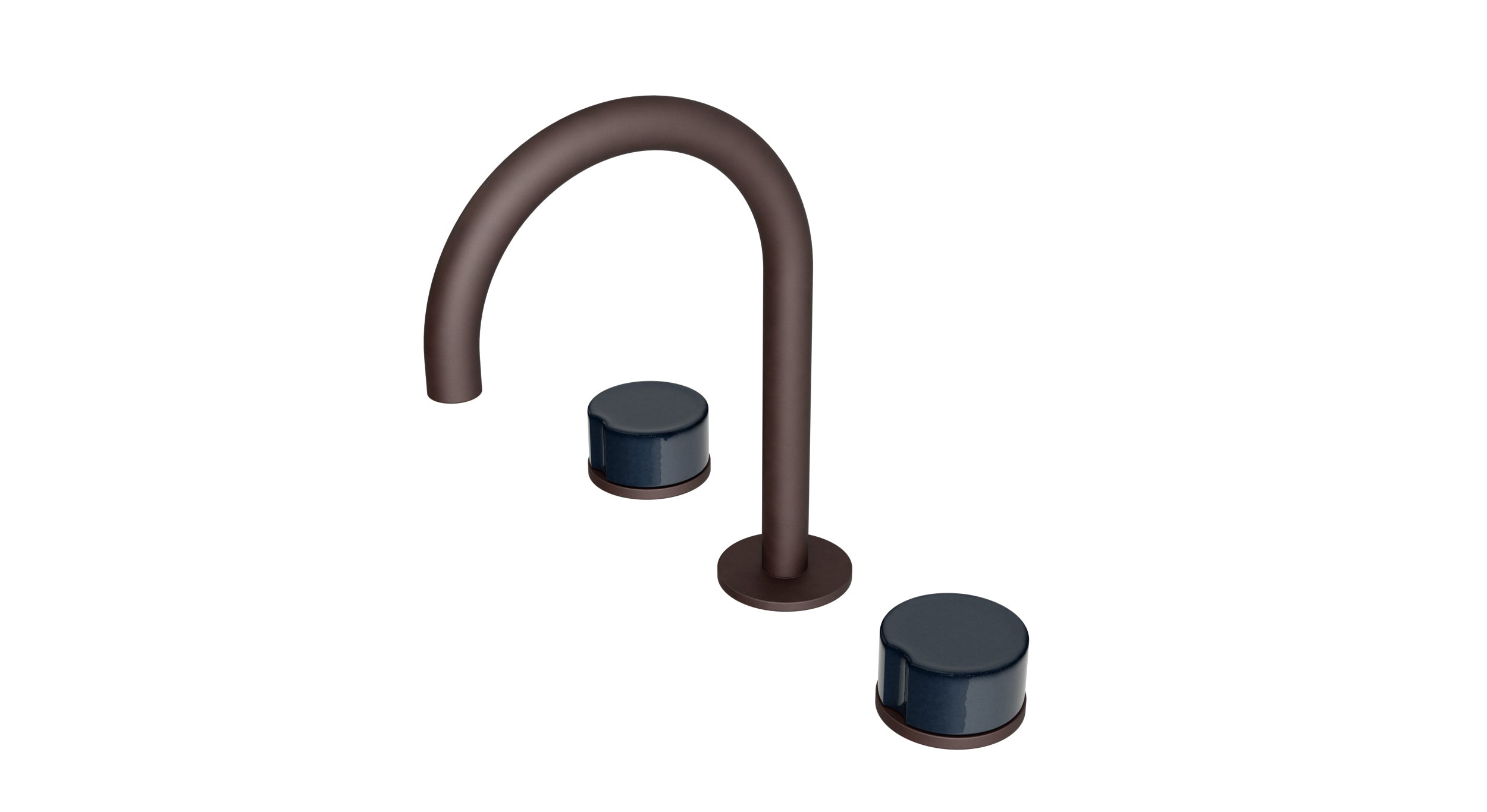 Foundry Two Handle Deck Mount Gooseneck Lavatory Faucet with Groove Ceramic Knob Handles in Architectural Copper