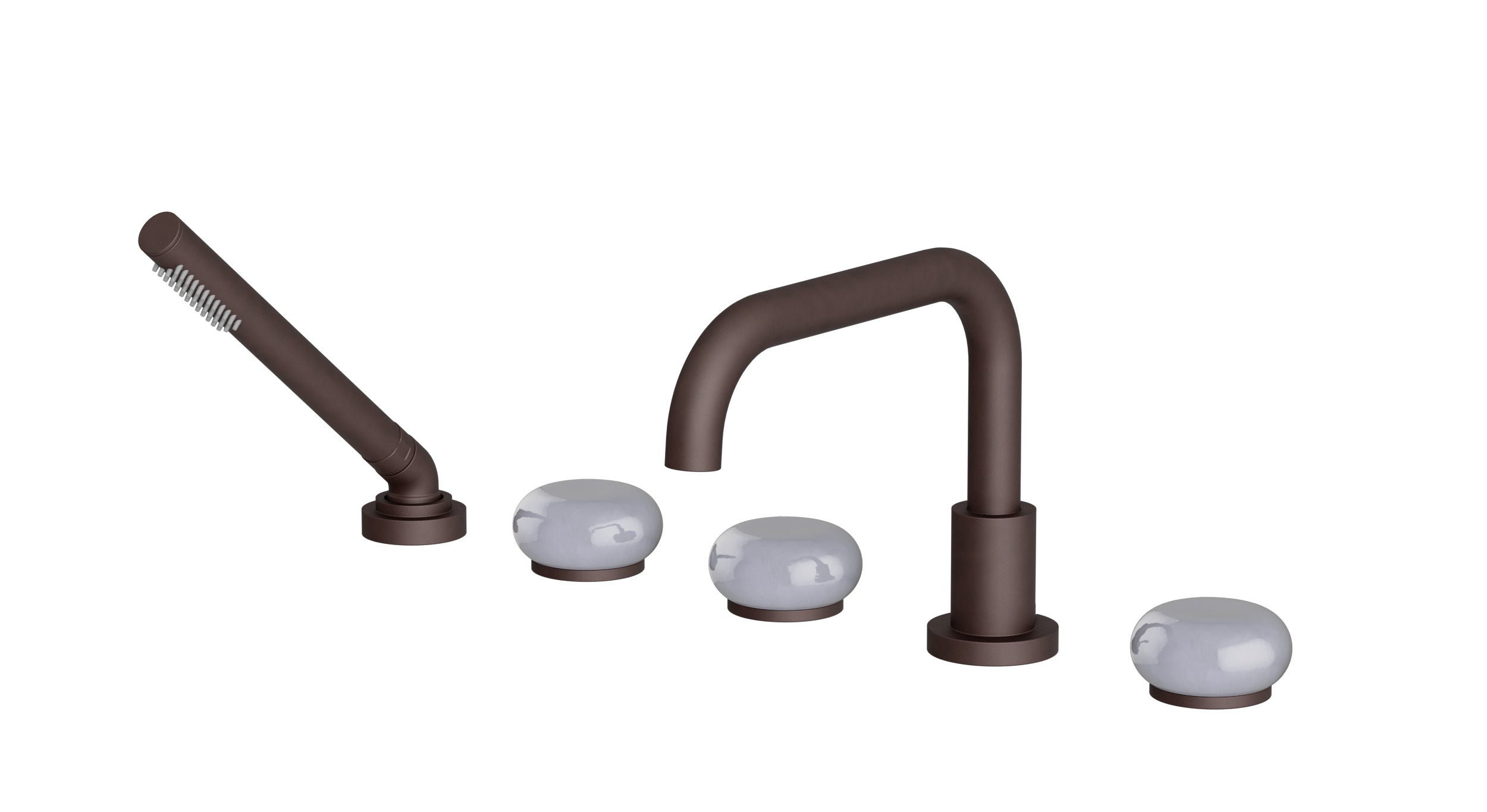 Foundry Three Handle Deck Mount Squaretop Bath Trim with Hand Shower and Pebble Ceramic Knob Handles in Architectural Copper