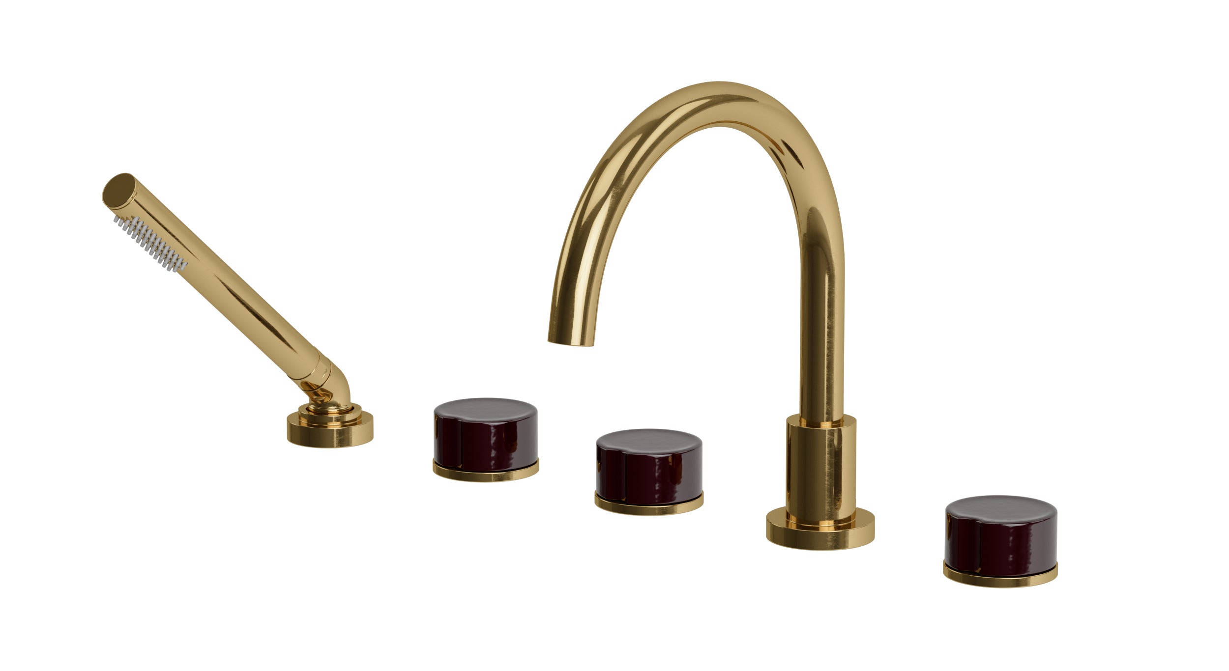 Foundry Three Handle Deck Mount Gooseneck Bath Trim with Hand Shower and Groove Ceramic Knob Handles in Uncoated Polished Brass