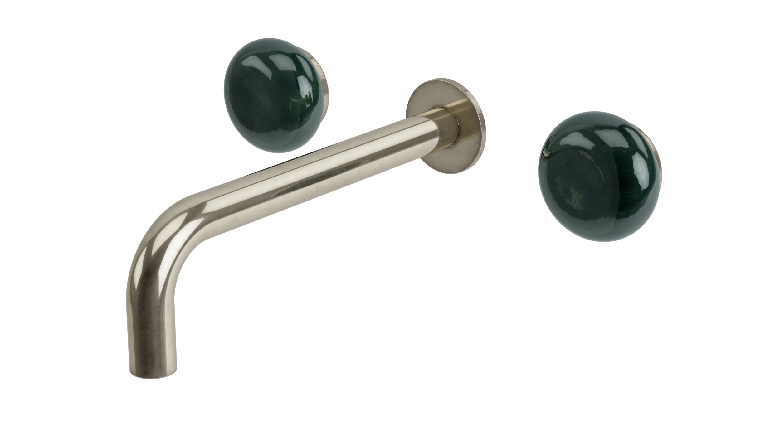 Foundry Two Handle Wall Mount 7.5" Lavatory Faucet with Pebble Ceramic Knob Handles in French Nickel