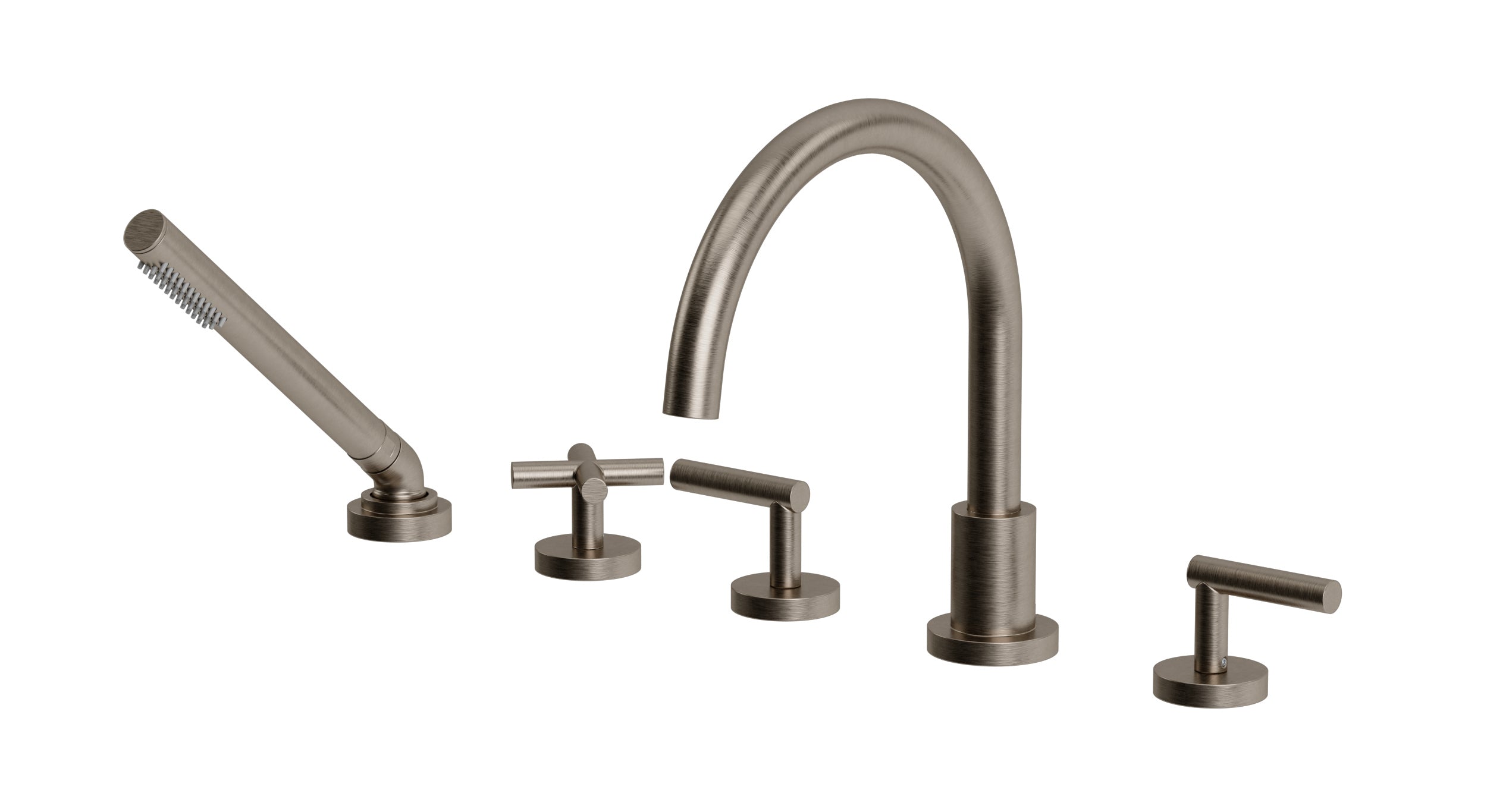 Contour Three Handle Deck Mount Gooseneck Bath Trim with Hand Shower and Soft Cross/Soft Lever Handles in Antique Nickel