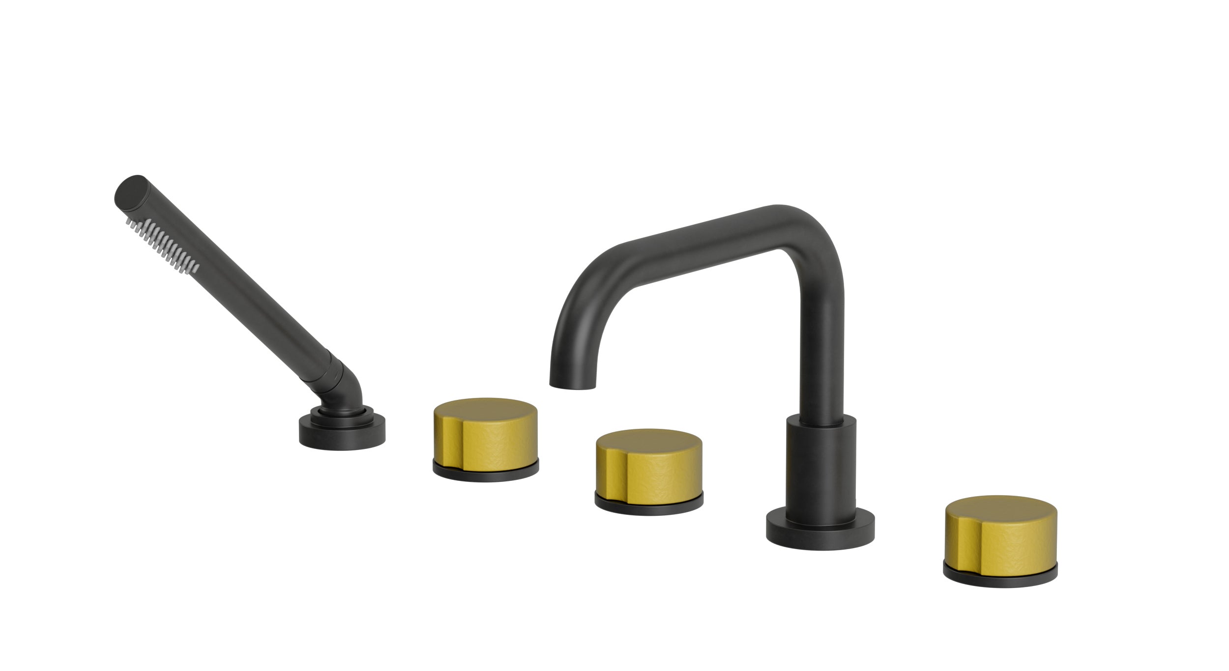Foundry Three Handle Deck Mount Squaretop Bath Trim with Hand Shower and Groove Ceramic Knob Handles in Oil Rubbed Bronze
