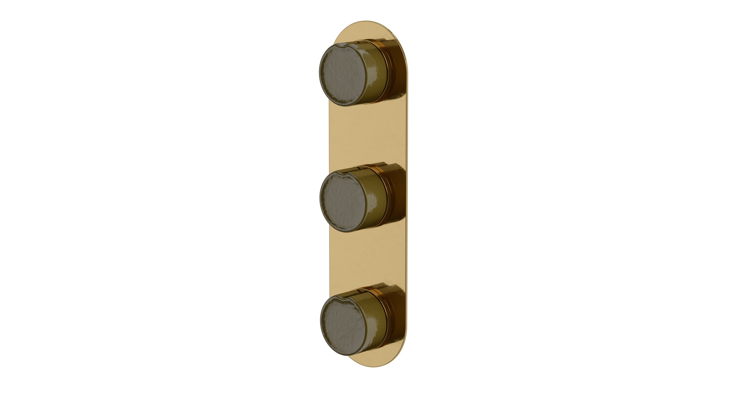 Foundry Three Handle Wall Mount Shower Trim with Groove Ceramic Knob Handles in Uncoated Polished Brass