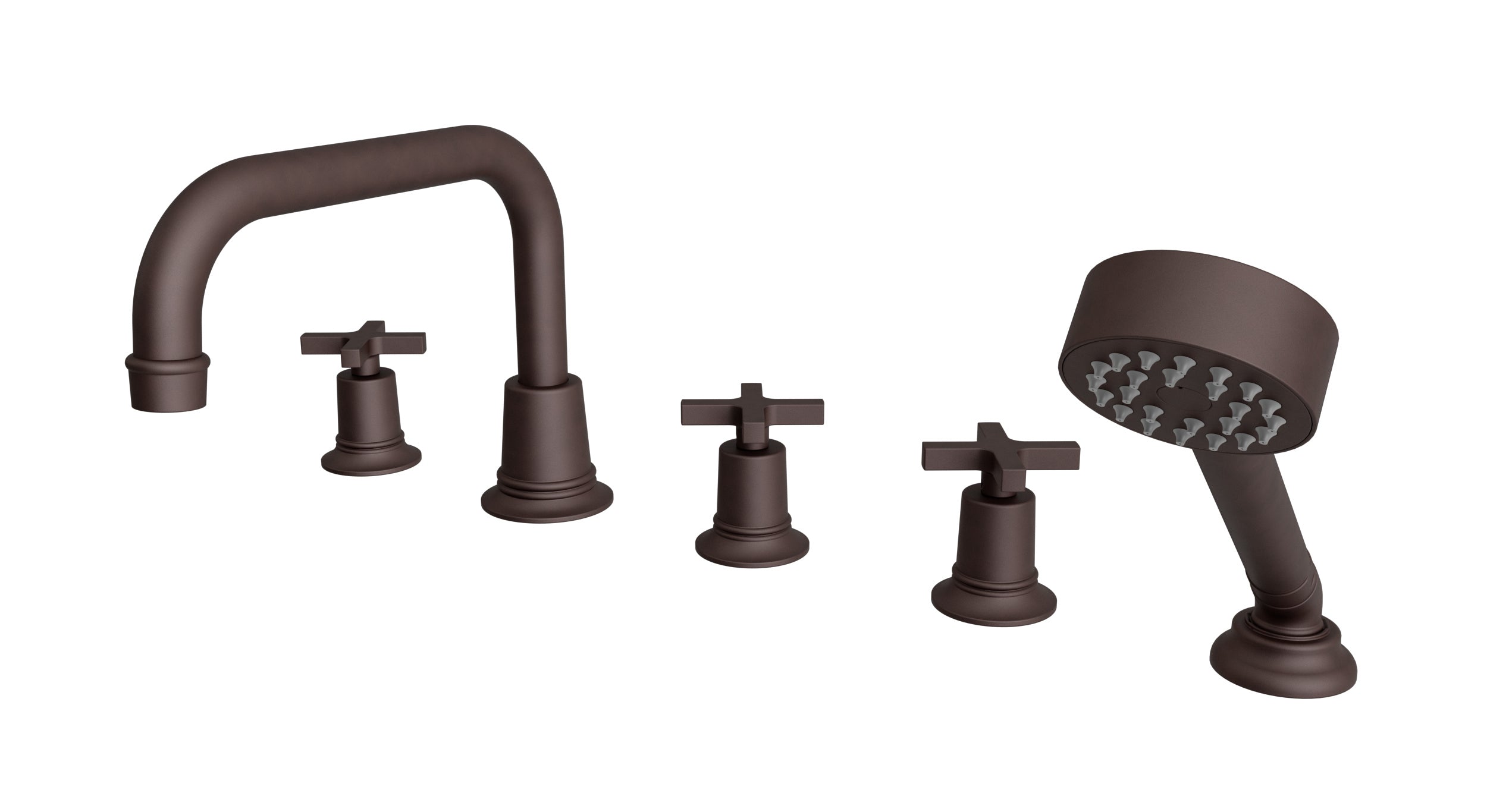 Emerson Three Handle Deck Mount Squaretop Bath Trim with Hand Shower and Classic Cross Handles in Architectural Copper