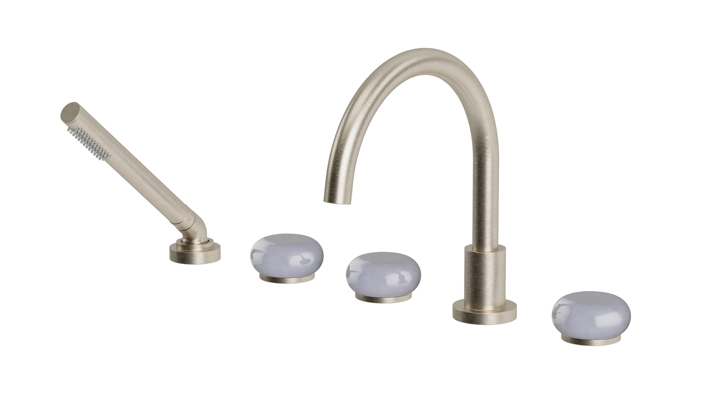 Foundry Three Handle Deck Mount Gooseneck Bath Trim with Hand Shower and Pebble Ceramic Knob Handles in Satin Nickel