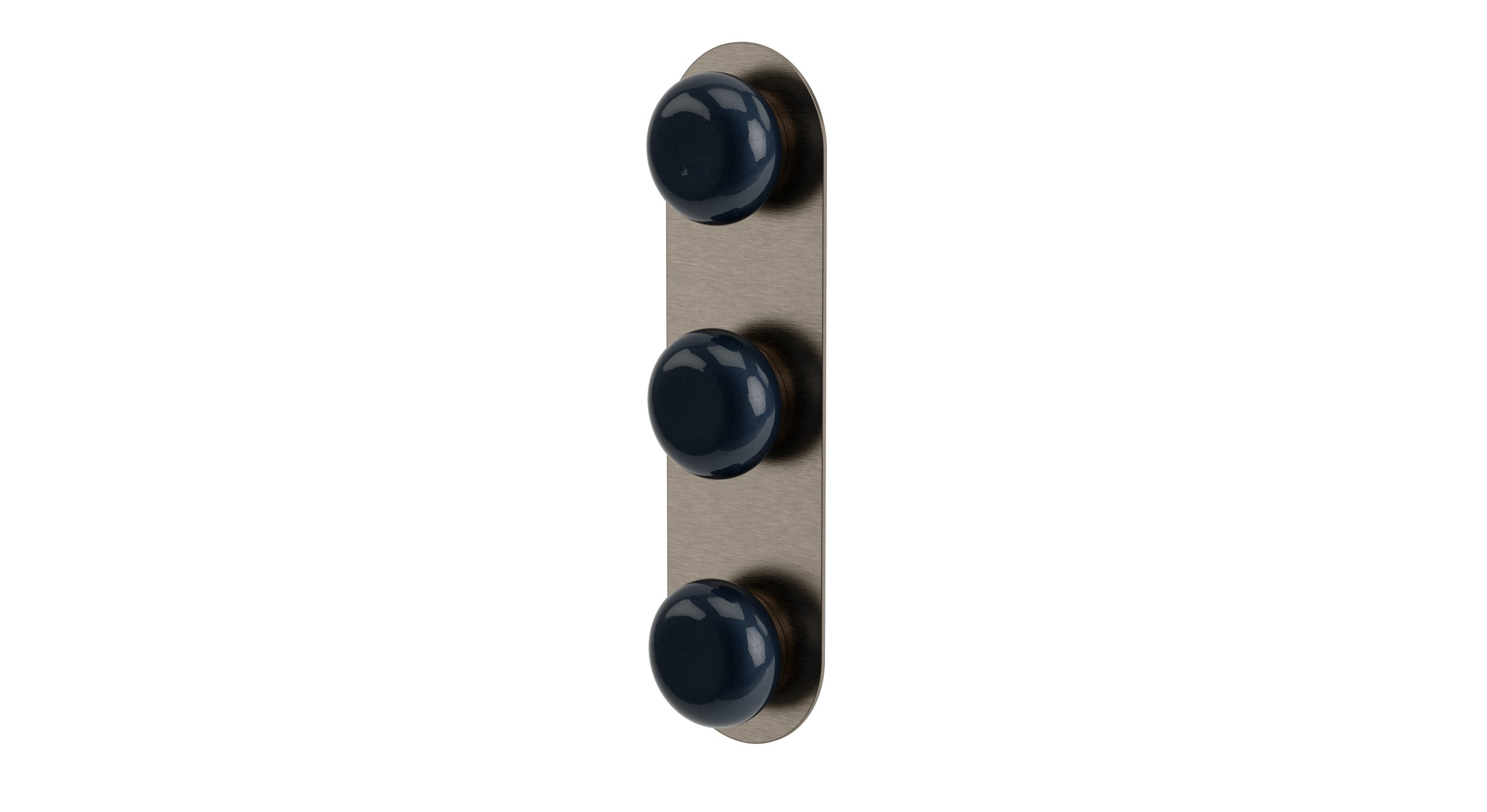 Foundry Three Handle Wall Mount Shower Trim with Pebble Ceramic Knob Handles in Antique Nickel