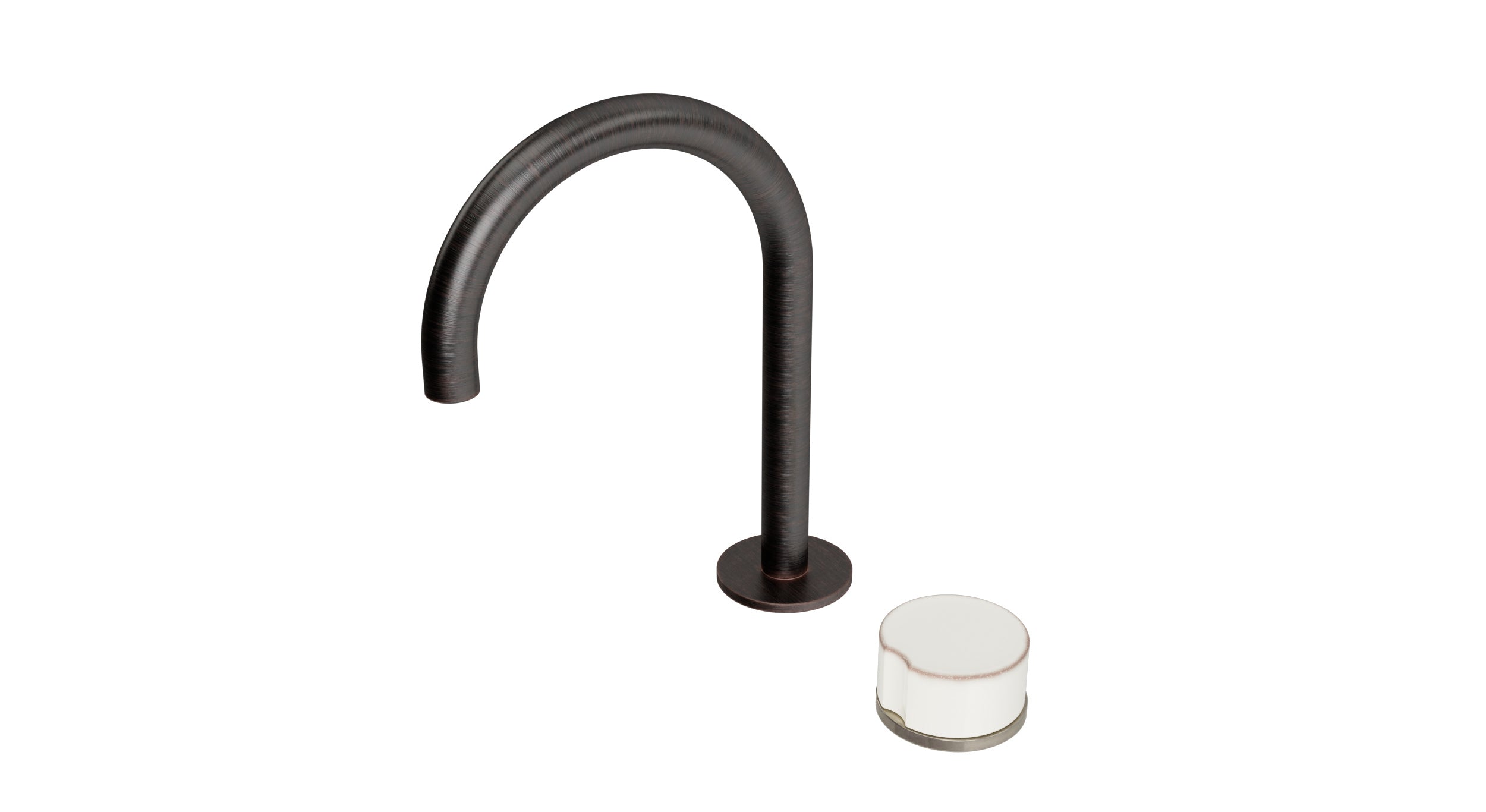 Foundry One Handle Deck Mount Gooseneck Lavatory Faucet with Groove Ceramic Knob Handle in Antique Bronze