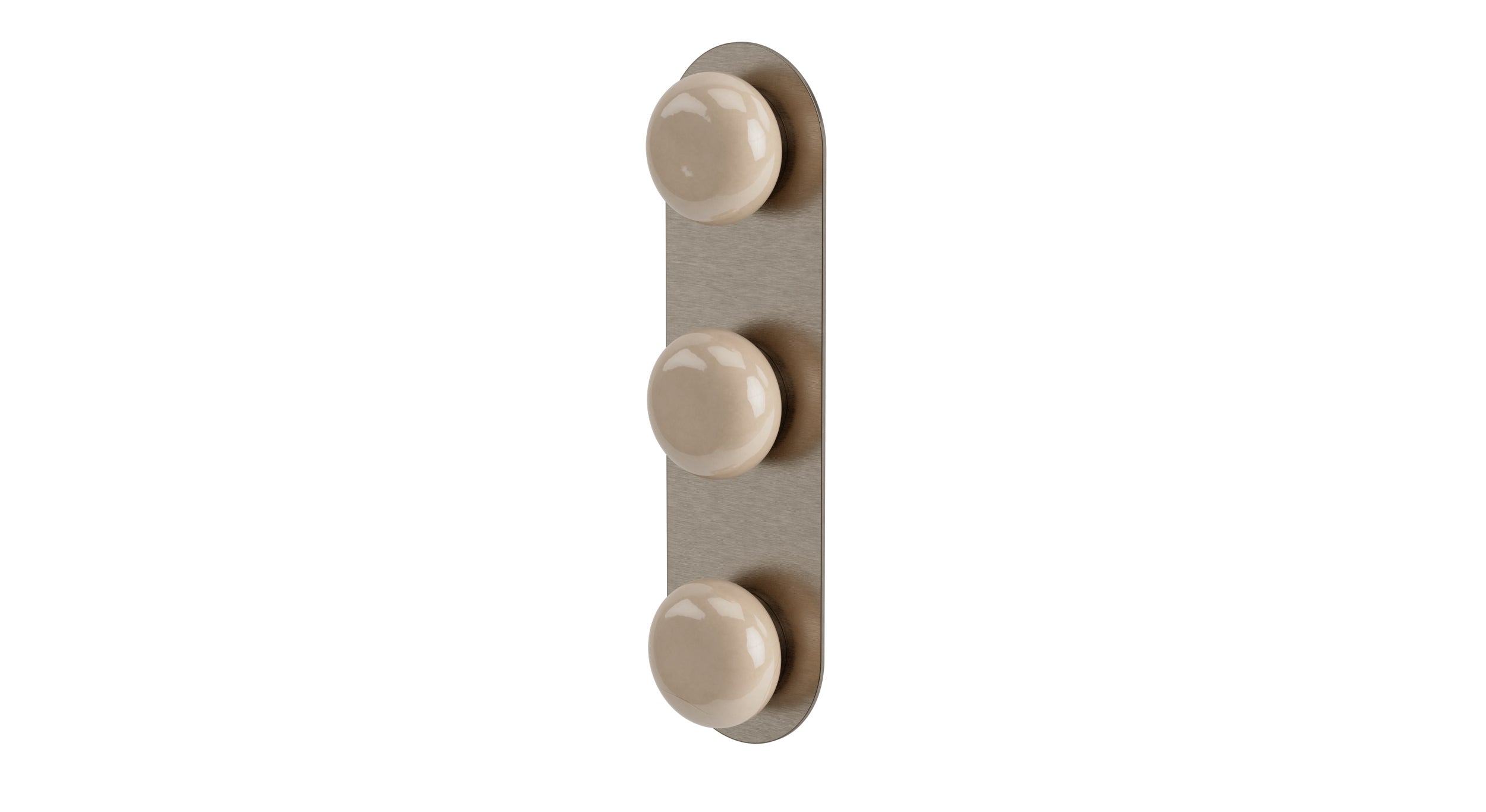 Foundry Three Handle Wall Mount Shower Trim with Pebble Ceramic Knob Handles in Antique Nickel