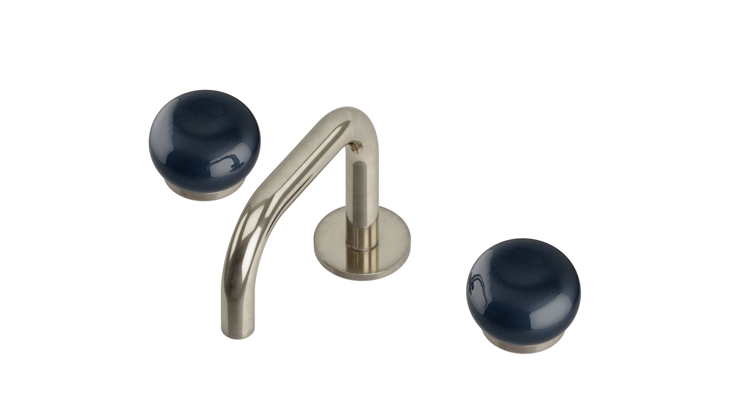 Foundry Two Handle Deck Mount Squaretop Lavatory Faucet with Pebble Ceramic Knob Handles in French Nickel