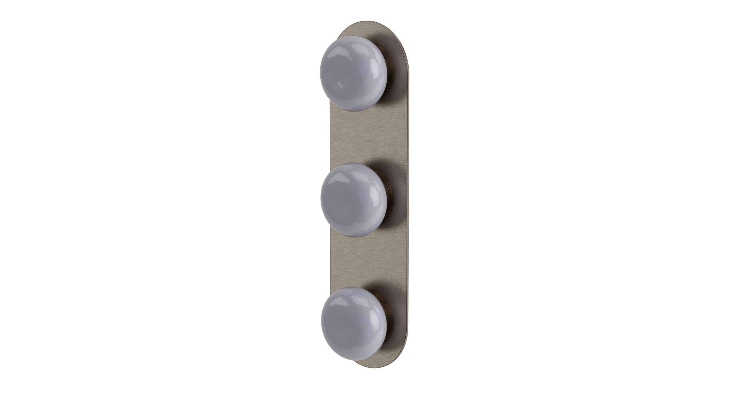 Foundry Three Handle Wall Mount Shower Trim with Pebble Ceramic Knob Handles in Antique Nickel
