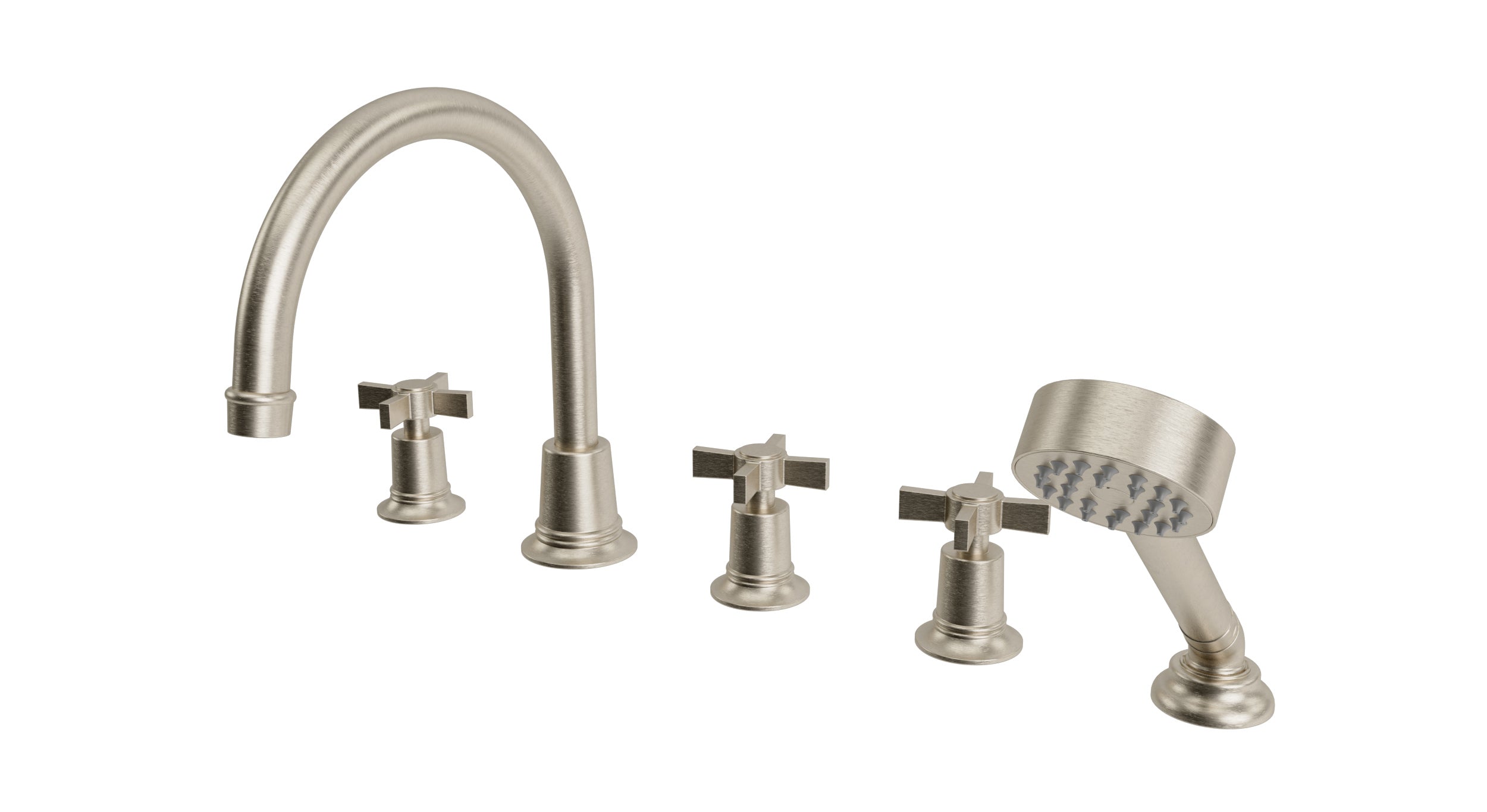 Emerson Three Handle Deck Mount Gooseneck Bath Trim with Hand Shower and Defined Cross Handles in Satin Nickel