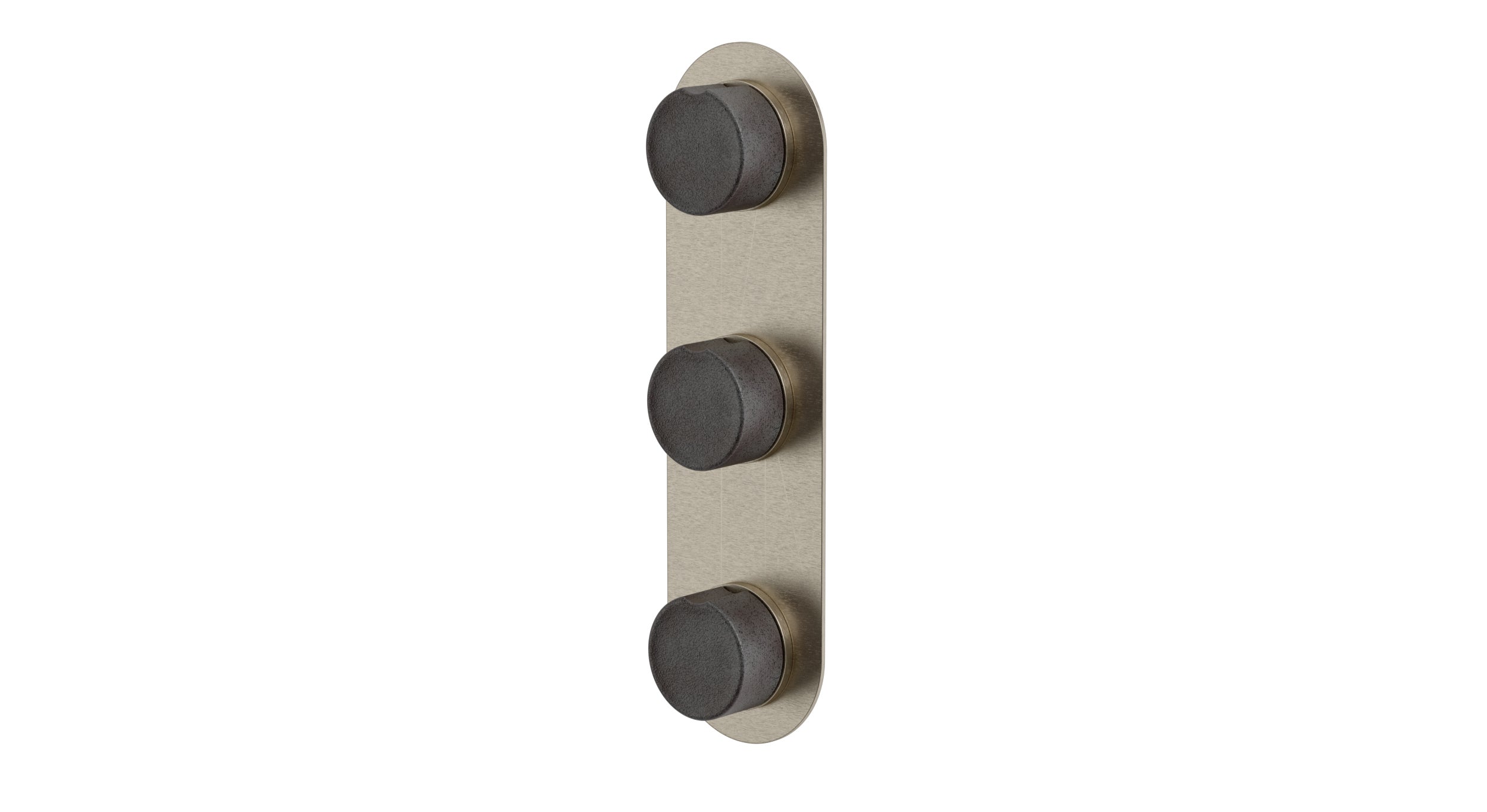 Foundry Three Handle Wall Mount Shower Trim with Groove Ceramic Knob Handles in Satin Nickel