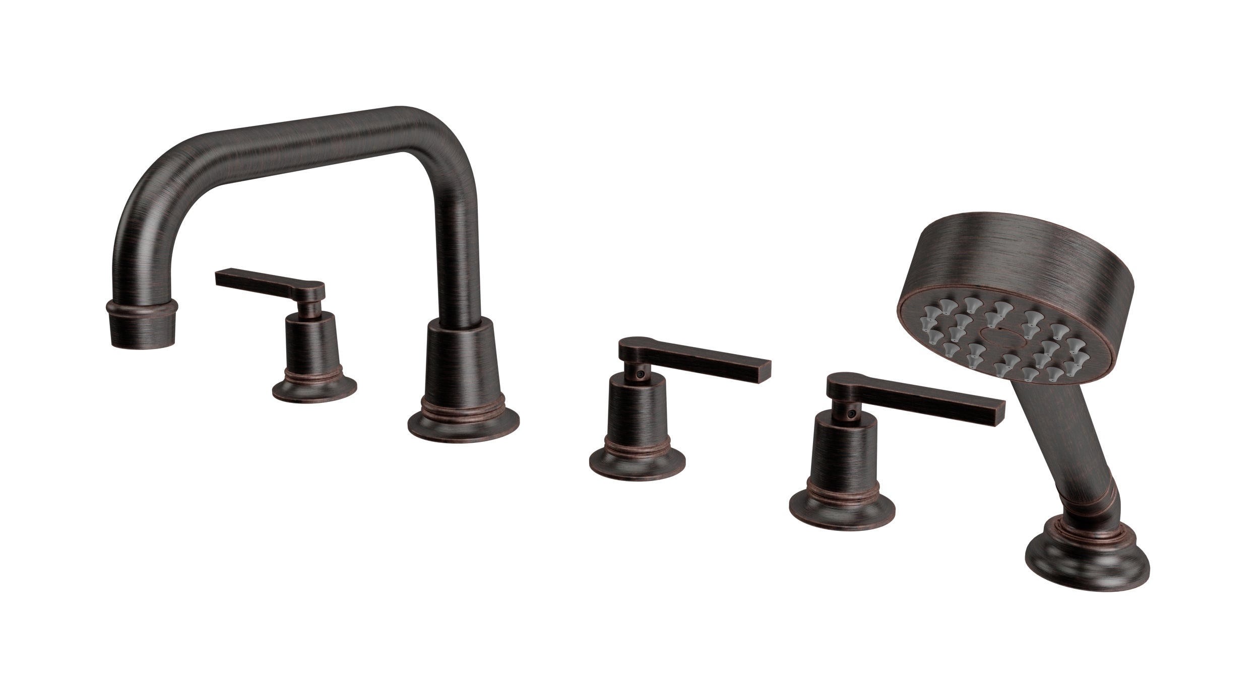 Emerson Three Handle Deck Mount Squaretop Bath Trim with Hand Shower and Classic Lever Handles in Antique Bronze