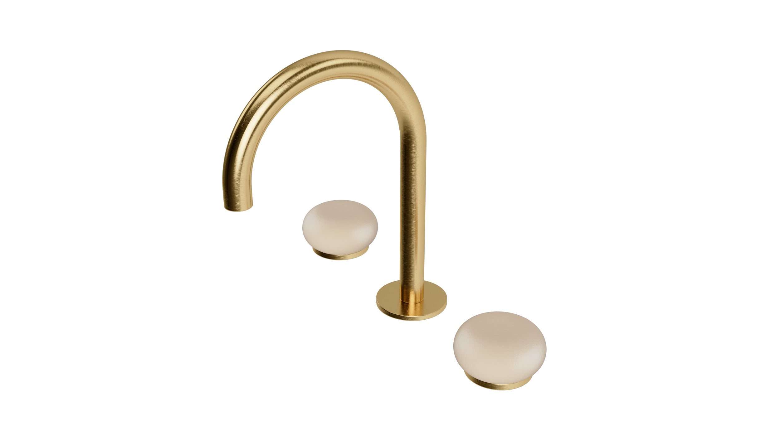 Foundry Two Handle Deck Mount Gooseneck Lavatory Faucet with Pebble Ceramic Knob Handles in Satin Brass
