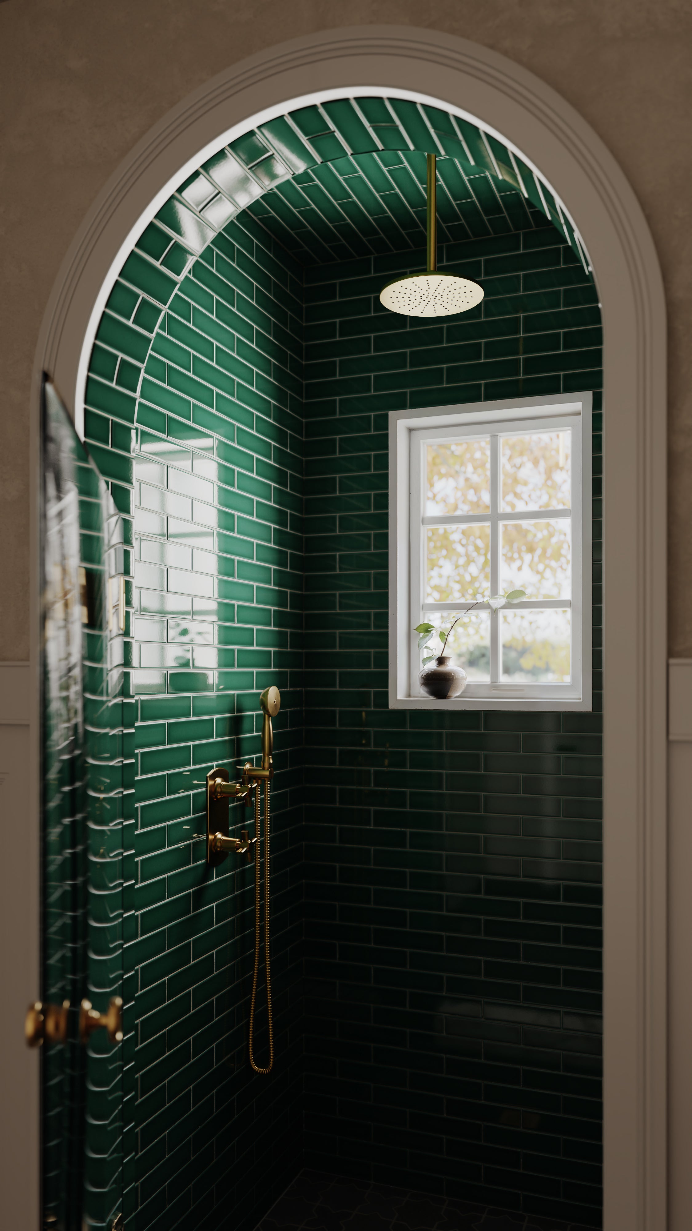 Emerson Two Handle Wall Mount Shower Trim with Defined Cross Handles in French Brass