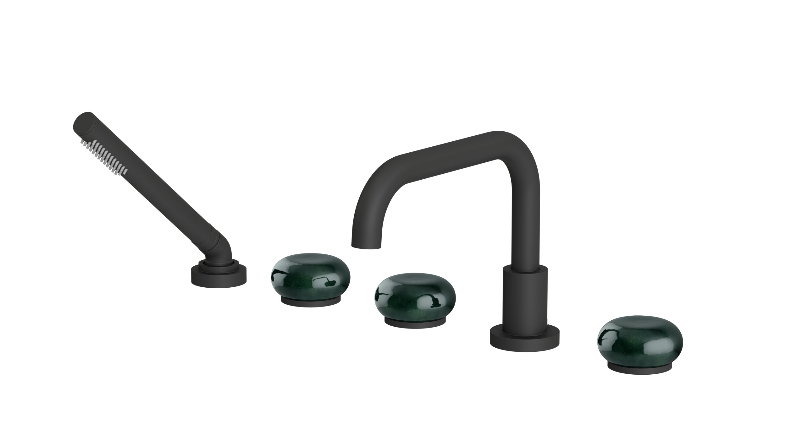 Foundry Three Handle Deck Mount Squaretop Bath Trim with Hand Shower and Pebble Ceramic Knob Handles in Matte Black
