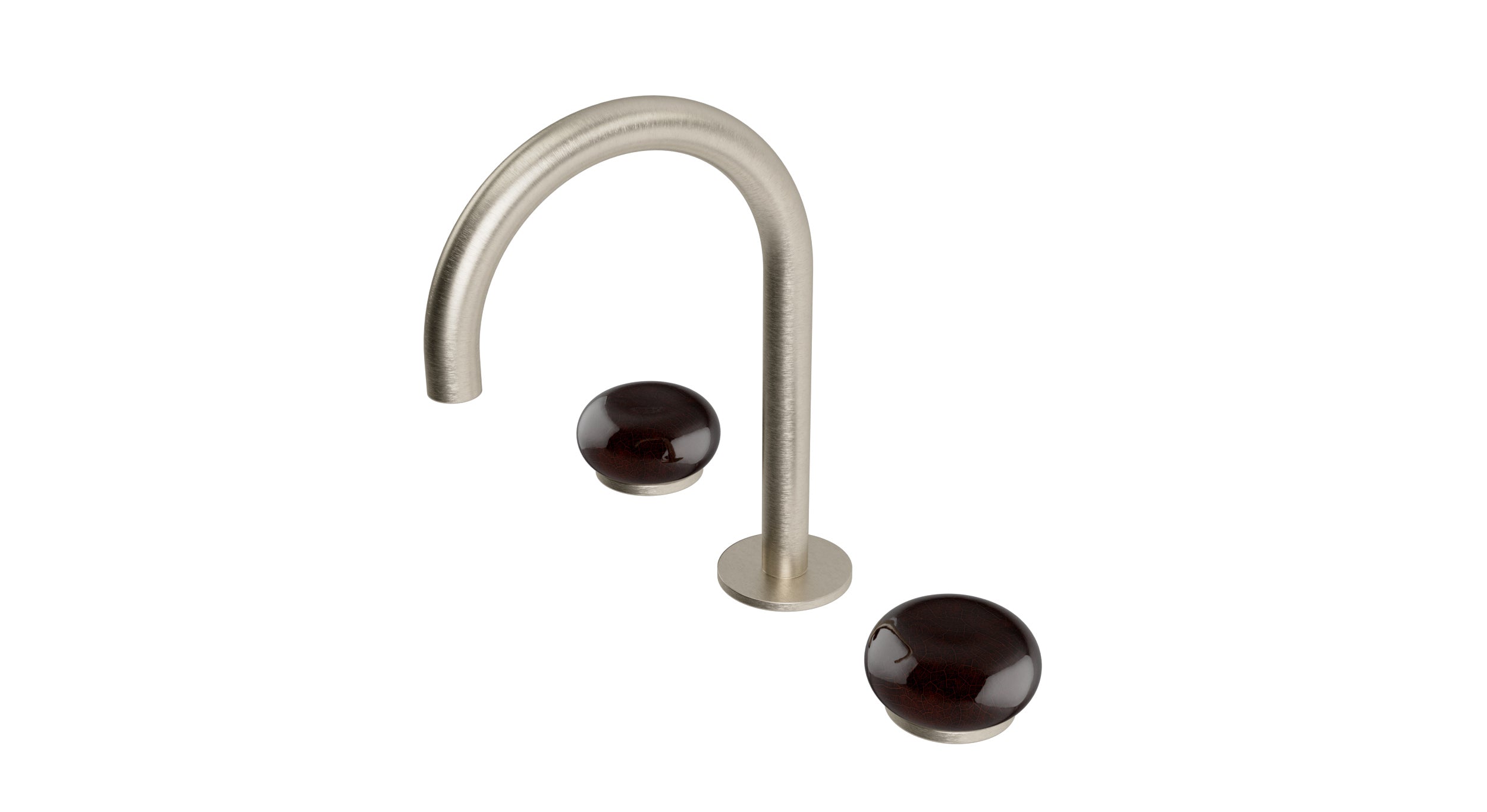 Foundry Two Handle Deck Mount Gooseneck Lavatory Faucet with Pebble Ceramic Knob Handles in Satin Nickel