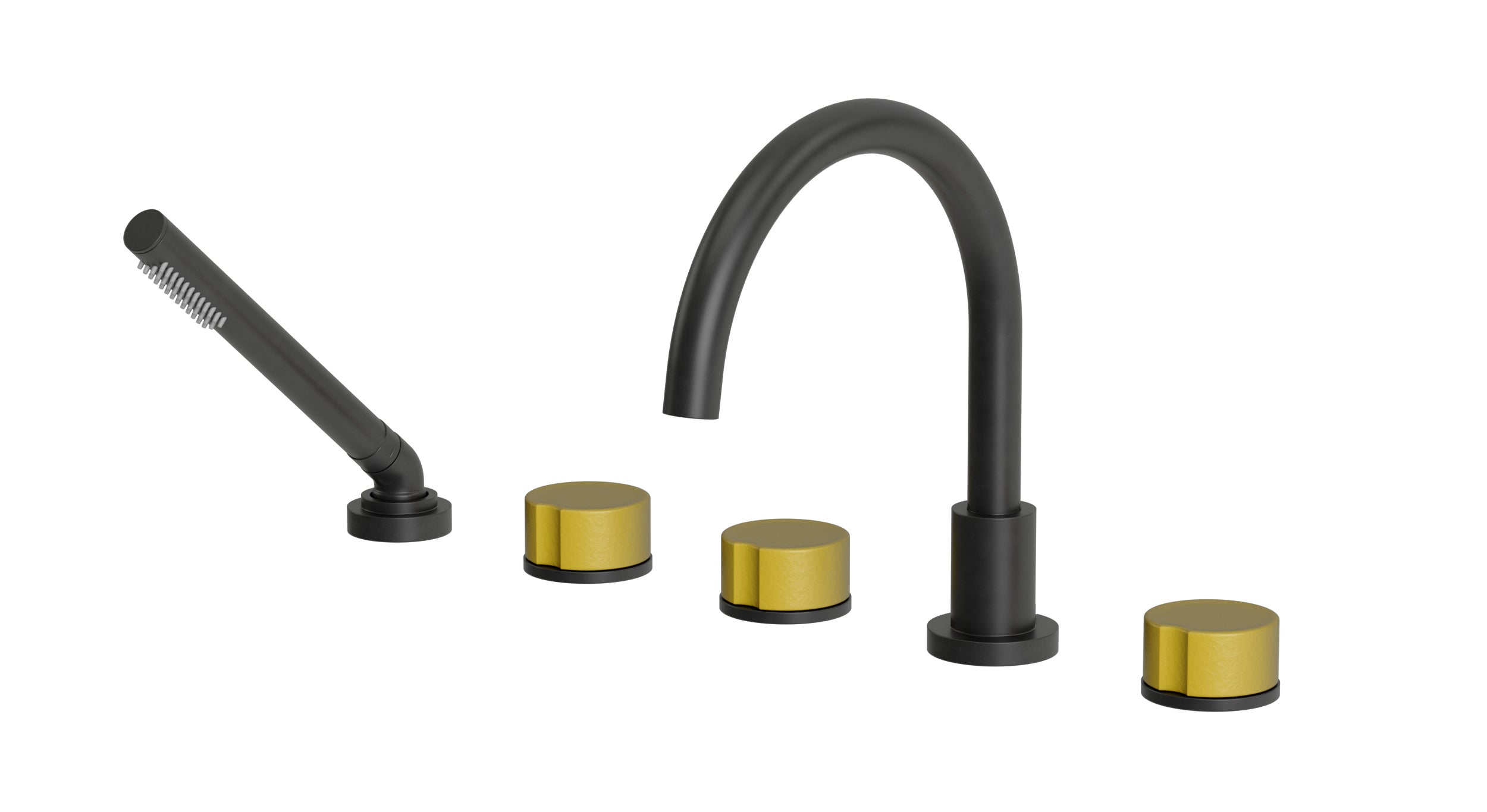 Foundry Three Handle Deck Mount Gooseneck Bath Trim with Hand Shower and Groove Ceramic Knob Handles in Oil Rubbed Bronze