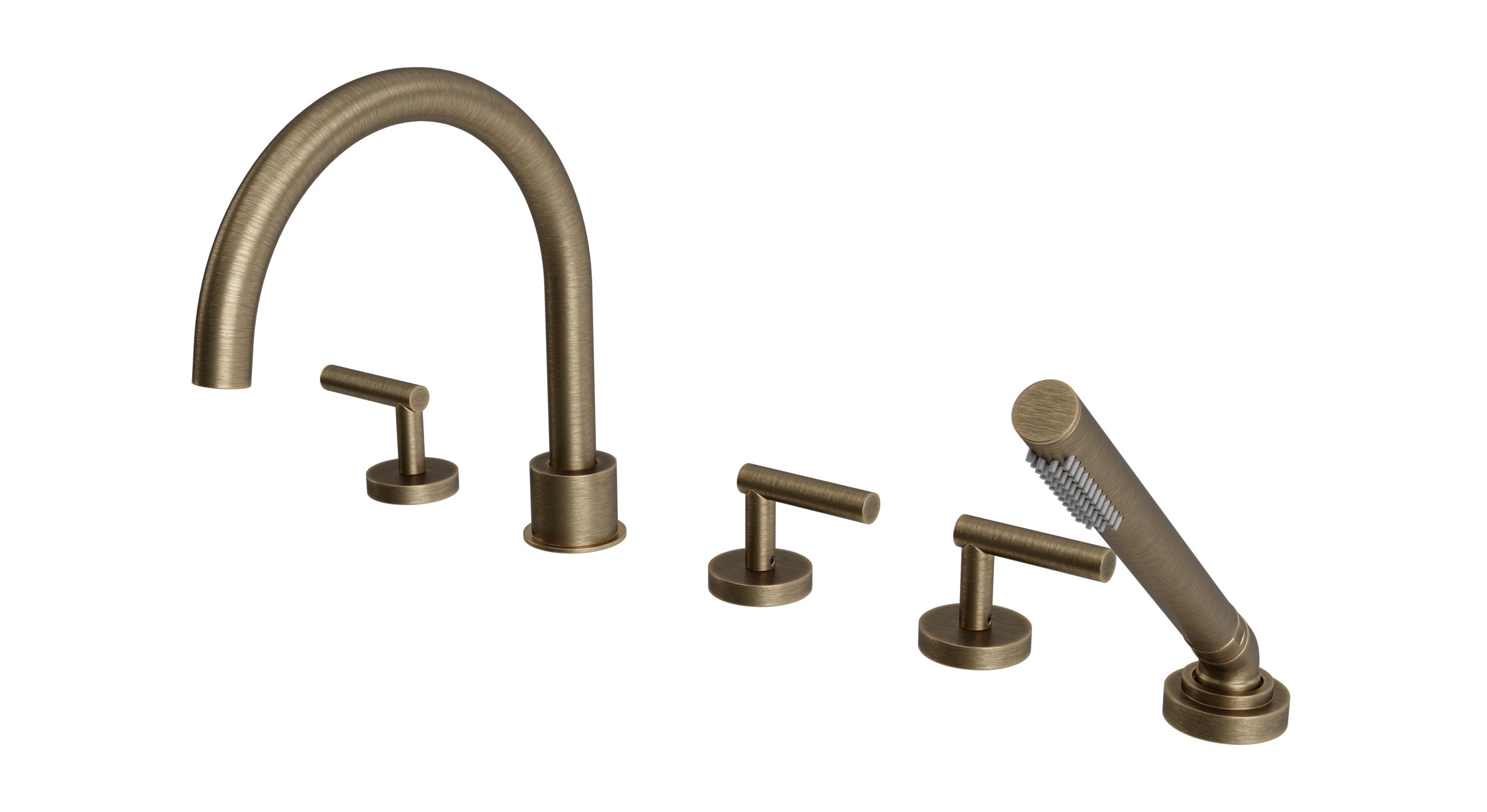 Contour Three Handle Deck Mount Gooseneck Bath Trim with Hand Shower and Soft Lever Handles in Antique Brass