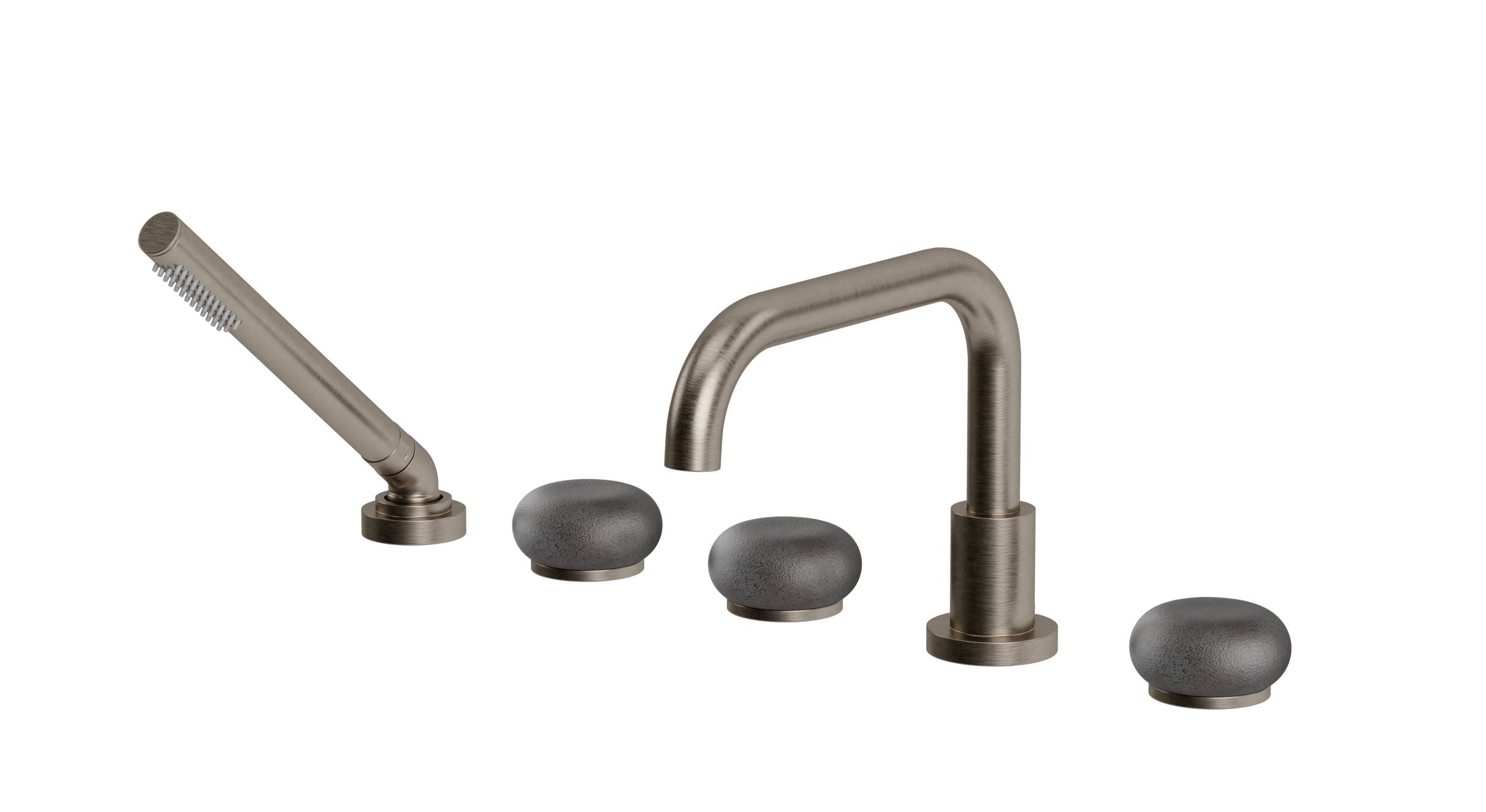 Foundry Three Handle Deck Mount Squaretop Bath Trim with Hand Shower and Pebble Ceramic Knob Handles in Antique Nickel