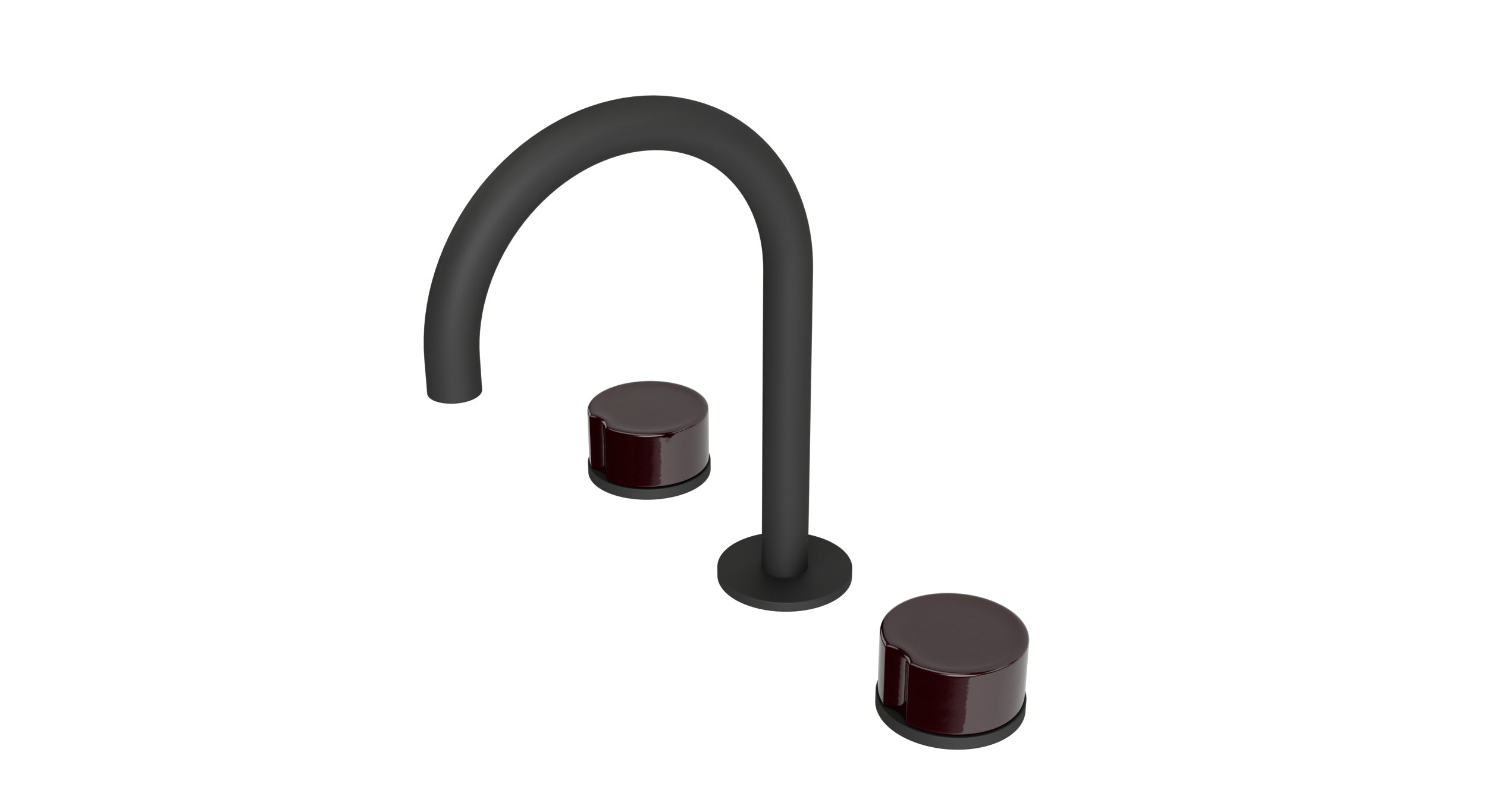 Foundry Two Handle Deck Mount Gooseneck Lavatory Faucet with Groove Ceramic Knob Handles in Matte Black
