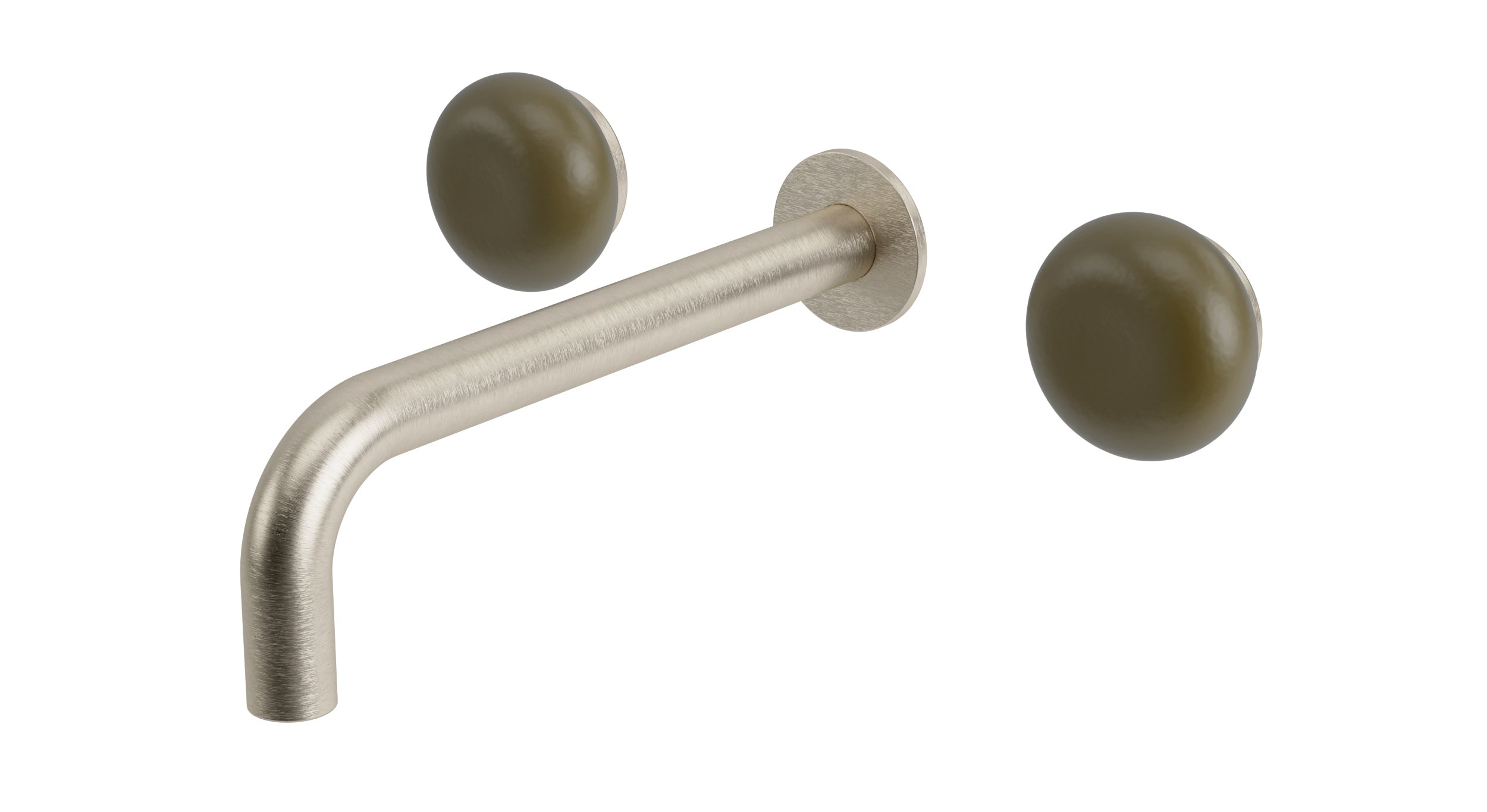 Foundry Two Handle Wall Mount 7.5" Lavatory Faucet with Pebble Ceramic Knob Handles in Satin Nickel
