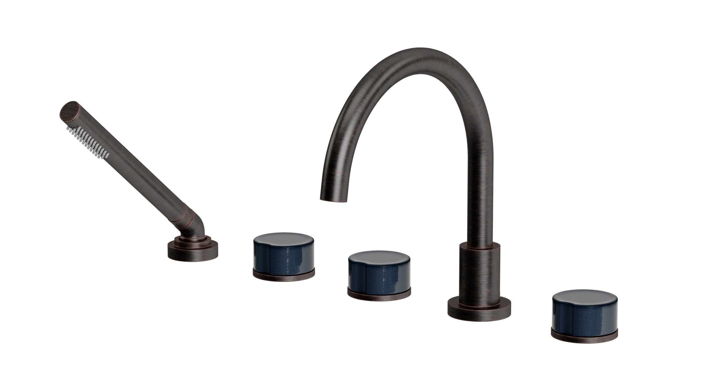 Foundry Three Handle Deck Mount Gooseneck Bath Trim with Hand Shower and Groove Ceramic Knob Handles in Antique Bronze