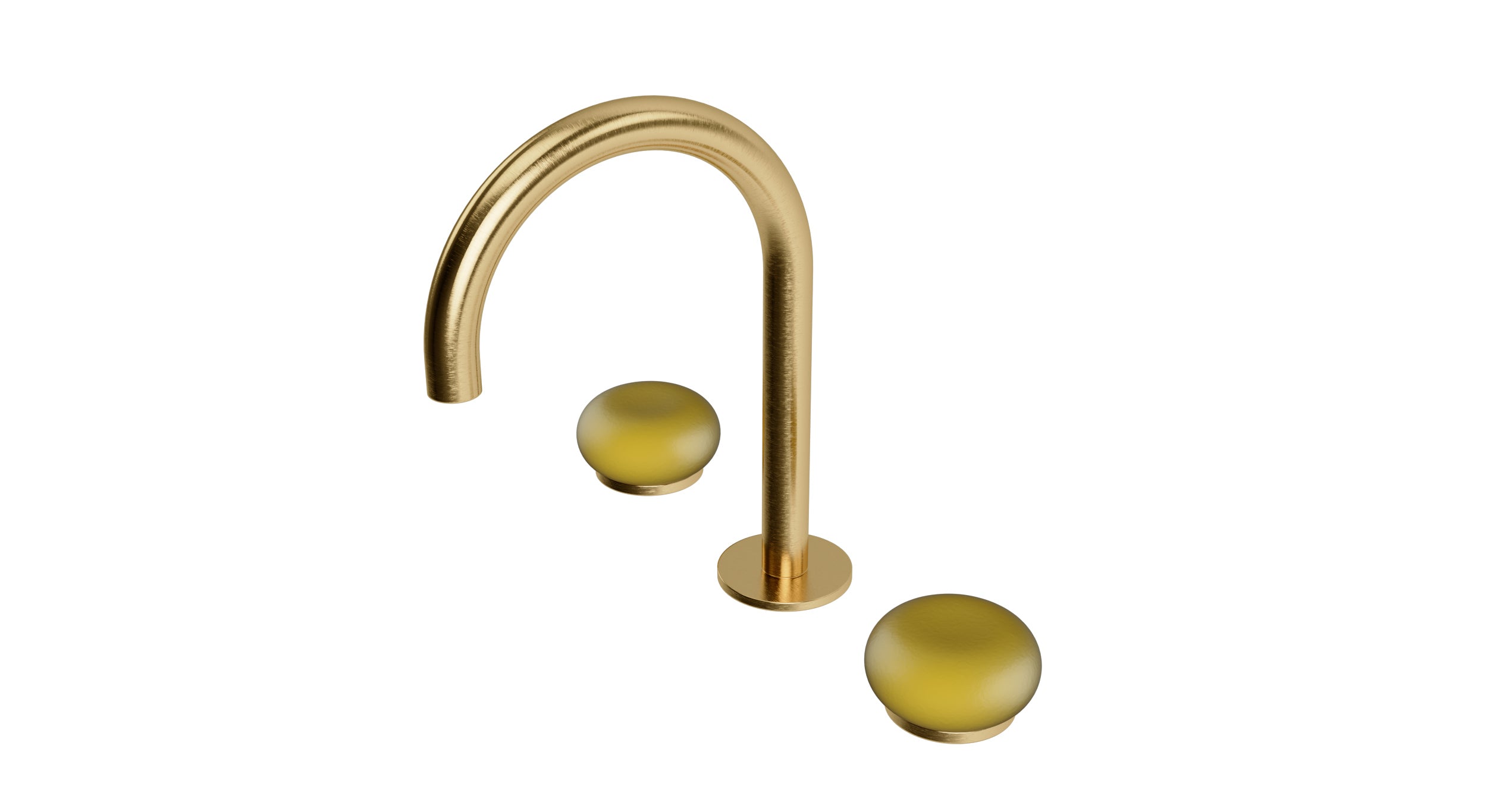 Foundry Two Handle Deck Mount Gooseneck Lavatory Faucet with Pebble Ceramic Knob Handles in Satin Brass