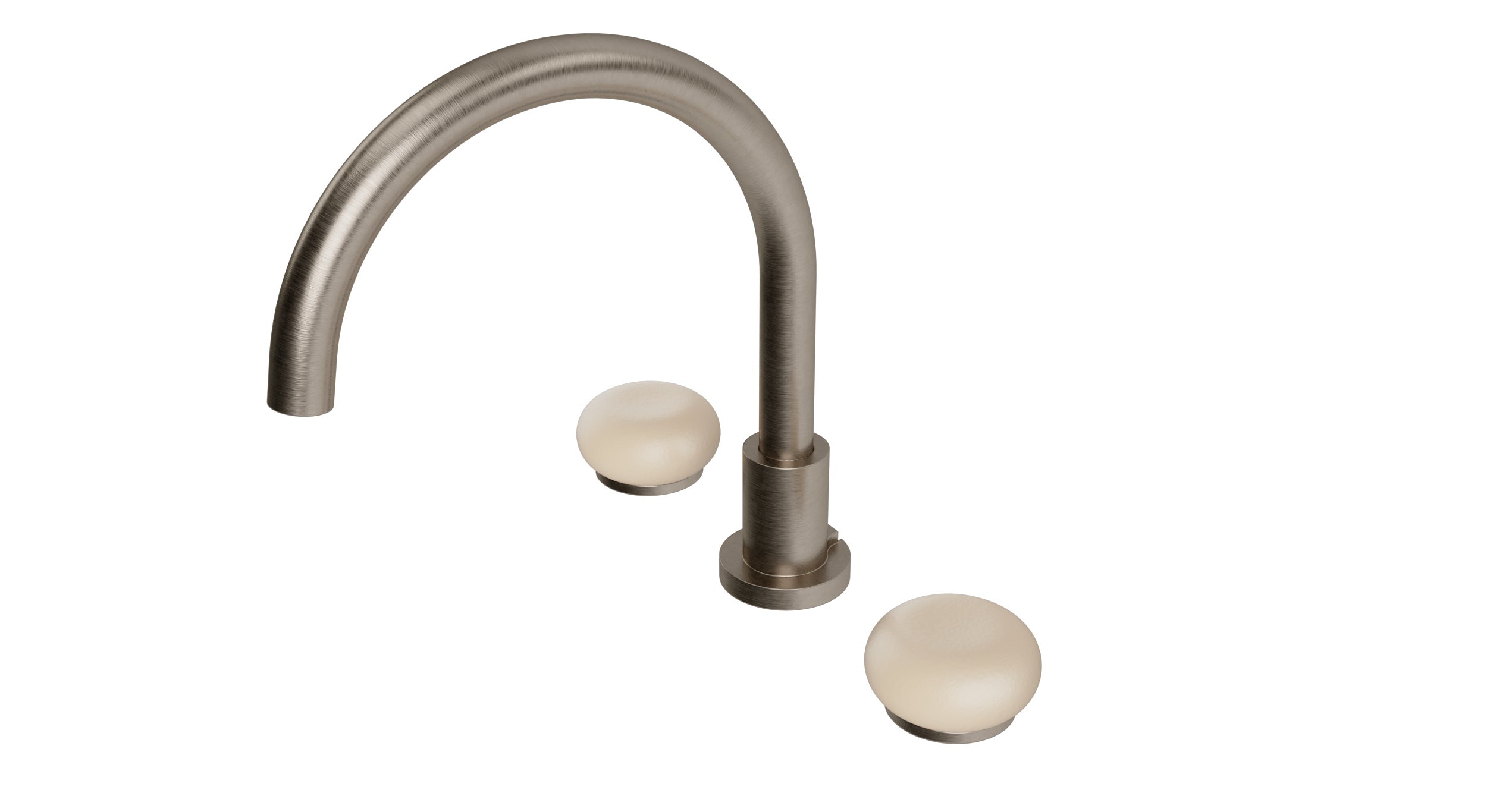 Foundry Two Handle Deck Mount Gooseneck Bath Trim with Pebble Ceramic Knob Handles in Antique Nickel