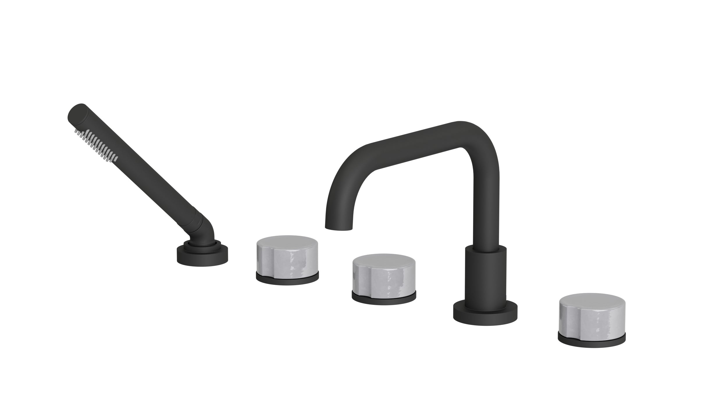 Foundry Three Handle Deck Mount Squaretop Bath Trim with Hand Shower and Groove Ceramic Knob Handles in Matte Black