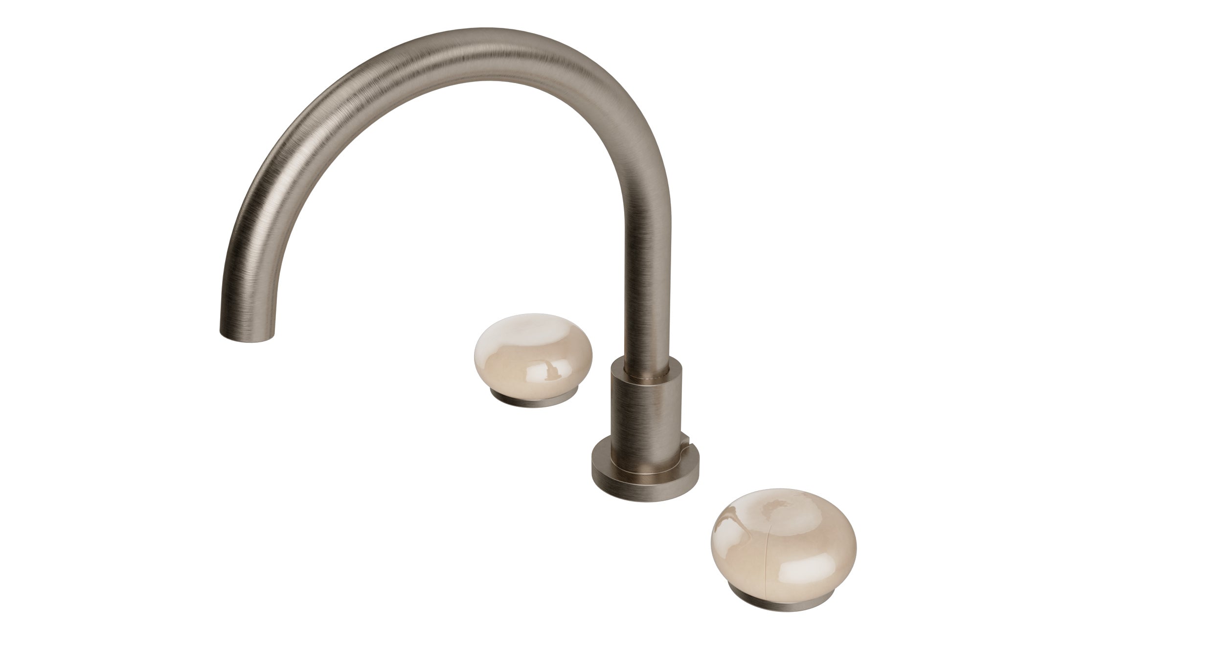 Foundry Two Handle Deck Mount Gooseneck Bath Trim with Pebble Ceramic Knob Handles in Antique Nickel