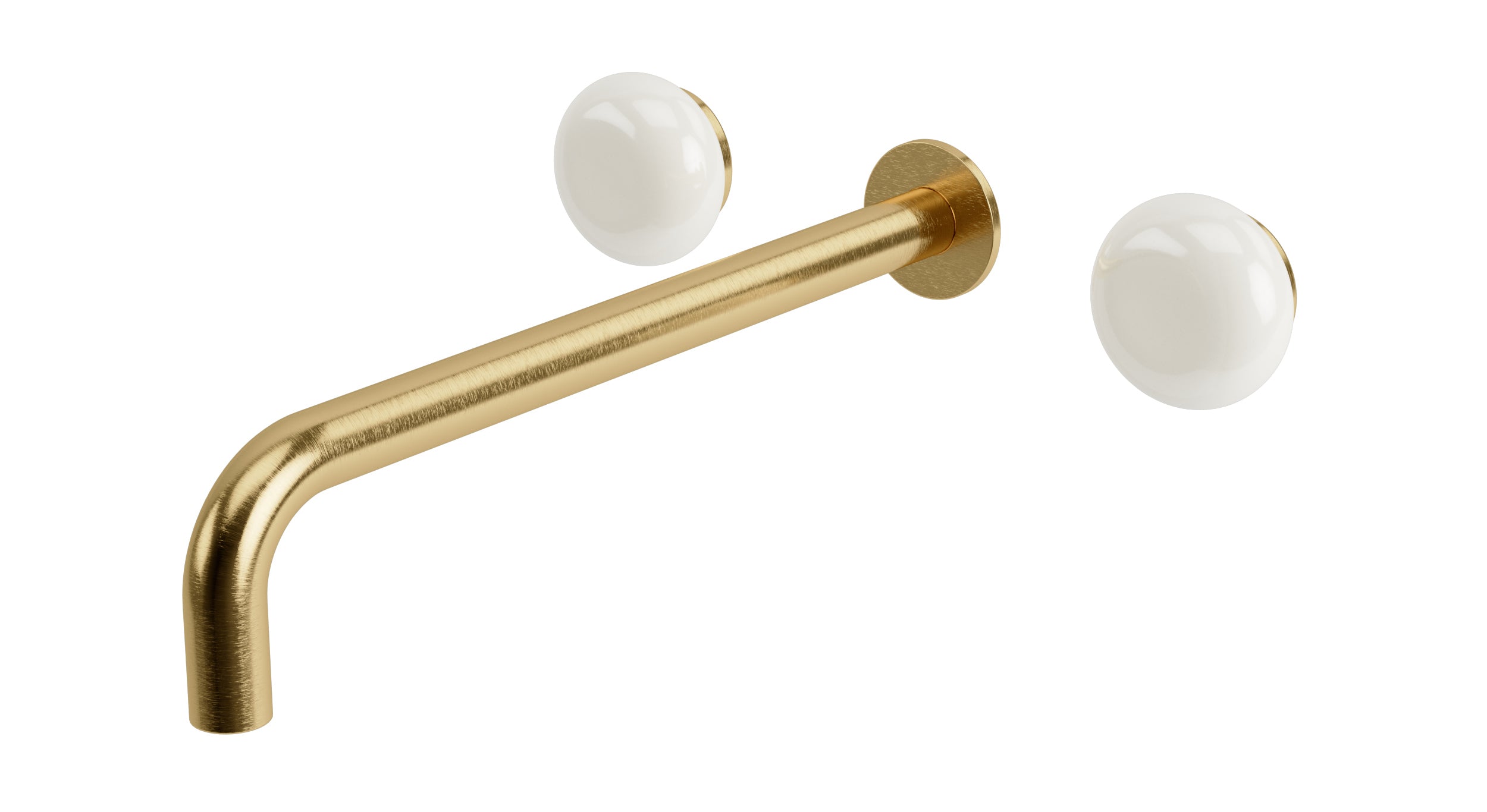 Foundry Two Handle Wall Mount 12" Lavatory Faucet with Pebble Ceramic Knob Handles in Satin Brass